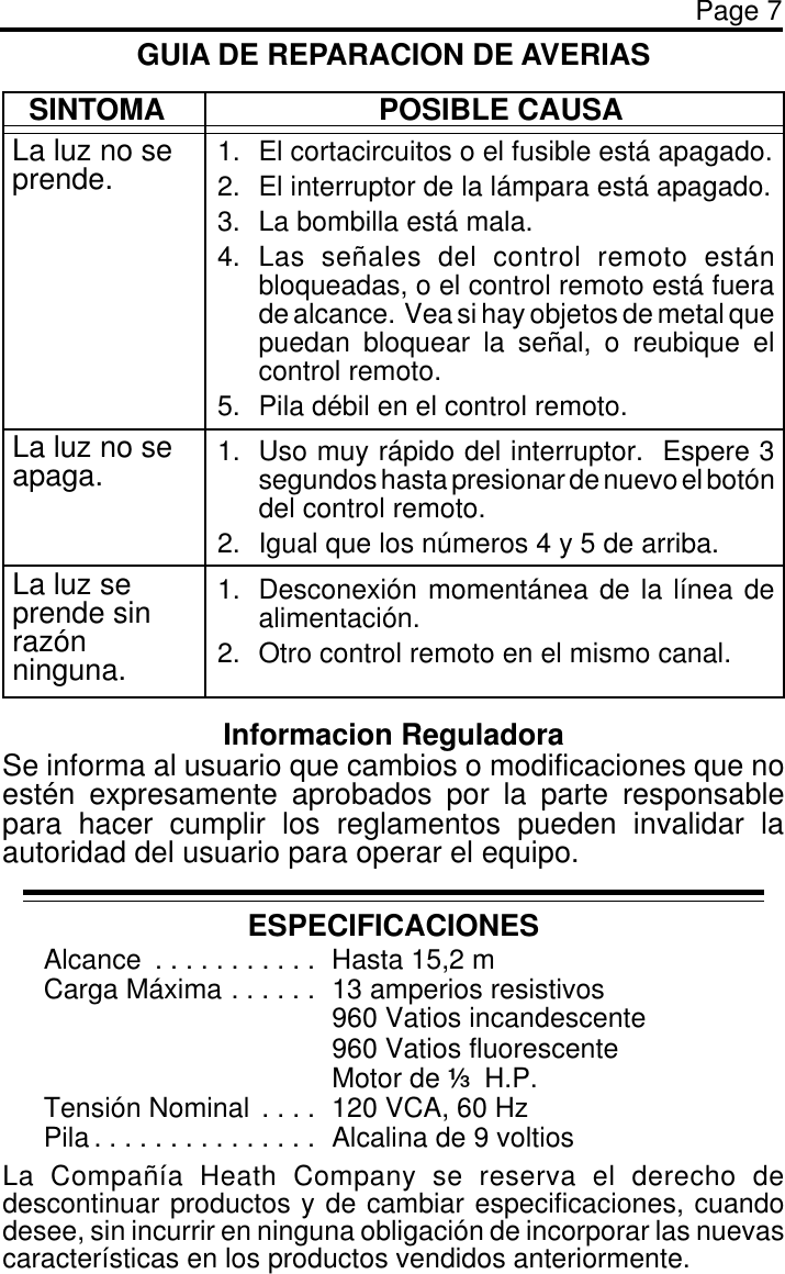 Page 7POSIBLE CAUSA1. El cortacircuitos o el fusible está apagado.2. El interruptor de la lámpara está apagado.3. La bombilla está mala.4. Las señales del control remoto estánbloqueadas, o el control remoto está fuerade alcance.  Vea si hay objetos de metal quepuedan bloquear la señal, o reubique elcontrol remoto.5. Pila débil en el control remoto.1. Uso muy rápido del interruptor.  Espere 3segundos hasta presionar de nuevo el botóndel control remoto.2. Igual que los números 4 y 5 de arriba.1. Desconexión momentánea de la línea dealimentación.2. Otro control remoto en el mismo canal.GUIA DE REPARACION DE AVERIASESPECIFICACIONESAlcance . . . . . . . . . . .  Hasta 15,2 mCarga Máxima . . . . . .  13 amperios resistivos960 Vatios incandescente960 Vatios fluorescenteMotor de 3 H.P.Tensión Nominal . . . .  120 VCA, 60 HzPila . . . . . . . . . . . . . . .  Alcalina de 9 voltiosLa Compañía Heath Company se reserva el derecho dedescontinuar productos y de cambiar especificaciones, cuandodesee, sin incurrir en ninguna obligación de incorporar las nuevascaracterísticas en los productos vendidos anteriormente.SINTOMALa luz no seprende.La luz no seapaga.La luz seprende sinrazónninguna.Informacion ReguladoraSe informa al usuario que cambios o modificaciones que noestén expresamente aprobados por la parte responsablepara hacer cumplir los reglamentos pueden invalidar laautoridad del usuario para operar el equipo.