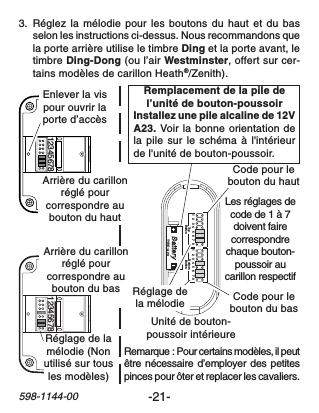 -21-598-1144-003. Réglez la mélodie pour les boutons du haut et du basselon les instructions ci-dessus. Nous recommandons quela porte arrière utilise le timbre Ding et la porte avant, letimbre Ding-Dong (ou l’air Westminster, offert sur cer-tains modèles de carillon Heath®/Zenith).12345678 123456781   2   3  4   5   6   7  8 1   2   3  4   5   6   7  8TopButton BottomButtonTYPE: A23Unité de bouton-poussoir intérieureRemplacement de la pile del’unité de bouton-poussoirInstallez une pile alcaline de 12VA23. Voir la bonne orientation dela pile sur le schéma à l&apos;intérieurde l&apos;unité de bouton-poussoir.Les réglages decode de 1 à 7doivent fairecorrespondrechaque bouton-poussoir aucarillon respectifCode pour lebouton du hautCode pour lebouton du basRemarque : Pour certains modèles, il peutêtre nécessaire d’employer des petitespinces pour ôter et replacer les cavaliers.Réglage de lamélodie (Nonutilisé sur tousles modèles)Enlever la vispour ouvrir laporte d’accèsArrière du carillonréglé pourcorrespondre aubouton du hautArrière du carillonréglé pourcorrespondre aubouton du bas Réglage dela mélodie