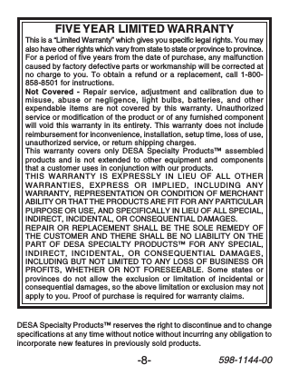 -8-598-1144-00FIVE YEAR LIMITED WARRANTYThis is a “Limited Warranty” which gives you specific legal rights. You mayalso have other rights which vary from state to state or province to province.For a period of five years from the date of purchase, any malfunctioncaused by factory defective parts or workmanship will be corrected atno charge to you. To obtain a refund or a replacement, call 1-800-858-8501 for instructions.Not Covered - Repair service, adjustment and calibration due tomisuse, abuse or negligence, light bulbs, batteries, and otherexpendable items are not covered by this warranty. Unauthorizedservice or modification of the product or of any furnished componentwill void this warranty in its entirety. This warranty does not includereimbursement for inconvenience, installation, setup time, loss of use,unauthorized service, or return shipping charges.This warranty covers only DESA Specialty Products™ assembledproducts and is not extended to other equipment and componentsthat a customer uses in conjunction with our products.THIS WARRANTY IS EXPRESSLY IN LIEU OF ALL OTHERWARRANTIES, EXPRESS OR IMPLIED, INCLUDING ANYWARRANTY, REPRESENTATION OR CONDITION OF MERCHANTABILITY OR THAT THE PRODUCTS ARE FIT FOR ANY PARTICULARPURPOSE OR USE, AND SPECIFICALLY IN LIEU OF ALL SPECIAL,INDIRECT, INCIDENTAL, OR CONSEQUENTIAL DAMAGES.REPAIR OR REPLACEMENT SHALL BE THE SOLE REMEDY OFTHE CUSTOMER AND THERE SHALL BE NO LIABILITY ON THEPART OF DESA SPECIALTY PRODUCTS™ FOR ANY SPECIAL,INDIRECT, INCIDENTAL, OR CONSEQUENTIAL DAMAGES,INCLUDING BUT NOT LIMITED TO ANY LOSS OF BUSINESS ORPROFITS, WHETHER OR NOT FORESEEABLE. Some states orprovinces do not allow the exclusion or limitation of incidental orconsequential damages, so the above limitation or exclusion may notapply to you. Proof of purchase is required for warranty claims.DESA Specialty Products™ reserves the right to discontinue and to changespecifications at any time without notice without incurring any obligation toincorporate new features in previously sold products.