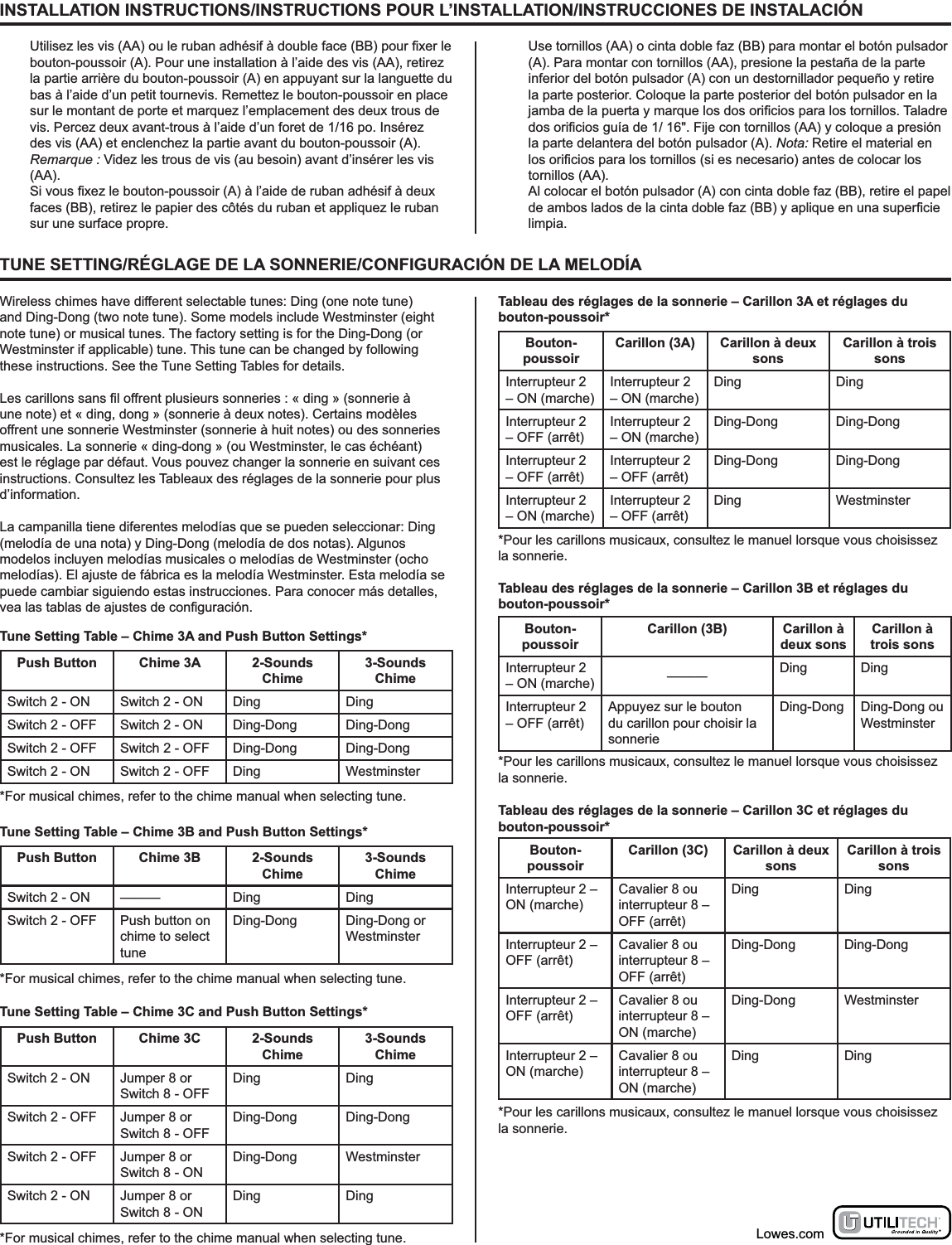 Lowes.comTUNE SETTING/RÉGLAGE DE LA SONNERIE/CONFIGURACIÓN DE LA MELODÍAWireless chimes have different selectable tunes: Ding (one note tune) and Ding-Dong (two note tune). Some models include Westminster (eight note tune) or musical tunes. The factory setting is for the Ding-Dong (or Westminster if applicable) tune. This tune can be changed by following these instructions. See the Tune Setting Tables for details.une note) et « ding, dong » (sonnerie à deux notes). Certains modèles offrent une sonnerie Westminster (sonnerie à huit notes) ou des sonneries musicales. La sonnerie « ding-dong » (ou Westminster, le cas échéant) est le réglage par défaut. Vous pouvez changer la sonnerie en suivant ces instructions. Consultez les Tableaux des réglages de la sonnerie pour plus d’information.La campanilla tiene diferentes melodías que se pueden seleccionar: Ding (melodía de una nota) y Ding-Dong (melodía de dos notas). Algunos modelos incluyen melodías musicales o melodías de Westminster (ocho melodías). El ajuste de fábrica es la melodía Westminster. Esta melodía se puede cambiar siguiendo estas instrucciones. Para conocer más detalles, Push Button Chime 3A 2-Sounds Chime3-Sounds ChimeSwitch 2 - ON Switch 2 - ON Ding DingSwitch 2 - OFF Switch 2 - ON Ding-Dong Ding-DongSwitch 2 - OFF Switch 2 - OFF Ding-Dong Ding-DongSwitch 2 - ON Switch 2 - OFF Ding WestminsterPush Button Chime 3C 2-Sounds Chime3-Sounds ChimeSwitch 2 - ON Jumper 8 or Switch 8 - OFFDing DingSwitch 2 - OFF Jumper 8 or Switch 8 - OFFDing-Dong Ding-DongSwitch 2 - OFF Jumper 8 or Switch 8 - ONDing-Dong WestminsterSwitch 2 - ON Jumper 8 or Switch 8 - ONDing DingBouton-poussoirCarillon (3C) Carillon à deux sonsCarillon à trois sonsInterrupteur 2 – ON (marche)Cavalier 8 ou interrupteur 8 – OFF (arrêt)Ding DingInterrupteur 2 – OFF (arrêt)Cavalier 8 ou interrupteur 8 – OFF (arrêt)Ding-Dong Ding-DongInterrupteur 2 – OFF (arrêt)Cavalier 8 ou interrupteur 8 – ON (marche)Ding-Dong WestminsterInterrupteur 2 – ON (marche)Cavalier 8 ou interrupteur 8 – ON (marche)Ding DingPush Button Chime 3B 2-Sounds Chime3-Sounds ChimeSwitch 2 - ON ——— Ding DingSwitch 2 - OFF Push button on chime to select tuneDing-Dong Ding-Dong or WestminsterTune Setting Table – Chime 3A and Push Button Settings*Tune Setting Table – Chime 3C and Push Button Settings*Tune Setting Table – Chime 3B and Push Button Settings**For musical chimes, refer to the chime manual when selecting tune.*Pour les carillons musicaux, consultez le manuel lorsque vous choisissez la sonnerie.*Pour les carillons musicaux, consultez le manuel lorsque vous choisissez la sonnerie.*Pour les carillons musicaux, consultez le manuel lorsque vous choisissez la sonnerie.*For musical chimes, refer to the chime manual when selecting tune.*For musical chimes, refer to the chime manual when selecting tune.INSTALLATION INSTRUCTIONS/INSTRUCTIONS POUR L’INSTALLATION/INSTRUCCIONES DE INSTALACIÓN bouton-poussoir (A). Pour une installation à l’aide des vis (AA), retirez la partie arrière du bouton-poussoir (A) en appuyant sur la languette du bas à l’aide d’un petit tournevis. Remettez le bouton-poussoir en place sur le montant de porte et marquez l’emplacement des deux trous de vis. Percez deux avant-trous à l’aide d’un foret de 1/16 po. Insérez des vis (AA) et enclenchez la partie avant du bouton-poussoir (A). Remarque : Videz les trous de vis (au besoin) avant d’insérer les vis (AA). faces (BB), retirez le papier des côtés du ruban et appliquez le ruban sur une surface propre.  Use tornillos (AA) o cinta doble faz (BB) para montar el botón pulsador (A). Para montar con tornillos (AA), presione la pestaña de la parte inferior del botón pulsador (A) con un destornillador pequeño y retire la parte posterior. Coloque la parte posterior del botón pulsador en la la parte delantera del botón pulsador (A). Nota: Retire el material en tornillos (AA).  Al colocar el botón pulsador (A) con cinta doble faz (BB), retire el papel limpia.Bouton-poussoirCarillon (3A) Carillon à deux sonsCarillon à trois sonsInterrupteur 2 – ON (marche)Interrupteur 2 – ON (marche)Ding DingInterrupteur 2 – OFF (arrêt)Interrupteur 2 – ON (marche)Ding-Dong Ding-DongInterrupteur 2 – OFF (arrêt)Interrupteur 2 – OFF (arrêt)Ding-Dong Ding-DongInterrupteur 2 – ON (marche)Interrupteur 2 – OFF (arrêt)Ding WestminsterBouton-poussoirCarillon (3B) Carillon à deux sonsCarillon à trois sonsInterrupteur 2 – ON (marche) ——— Ding DingInterrupteur 2 – OFF (arrêt)Appuyez sur le bouton du carillon pour choisir la sonnerieDing-Dong Ding-Dong ou WestminsterTableau des réglages de la sonnerie – Carillon 3A et réglages du bouton-poussoir*Tableau des réglages de la sonnerie – Carillon 3B et réglages du bouton-poussoir*Tableau des réglages de la sonnerie – Carillon 3C et réglages du bouton-poussoir*