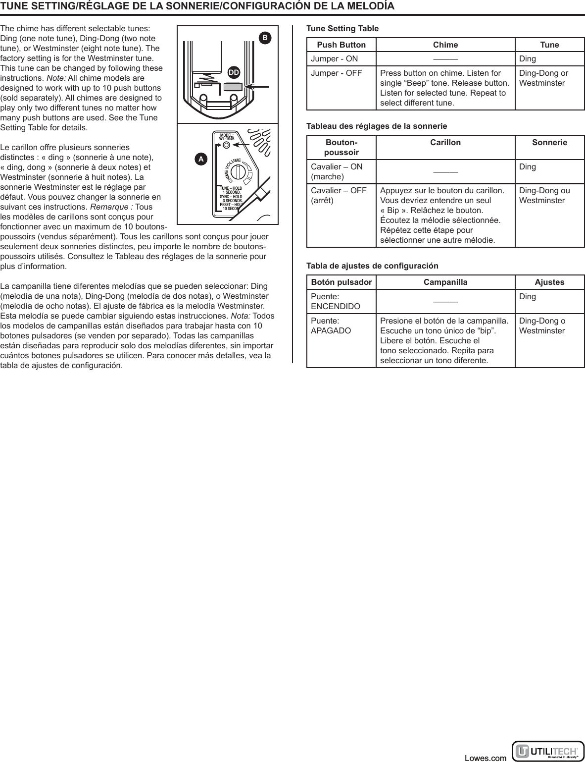 TUNE SETTING/RÉGLAGE DE LA SONNERIE/CONFIGURACIÓN DE LA MELODÍAThe chime has different selectable tunes: Ding (one note tune), Ding-Dong (two note tune), or Westminster (eight note tune). The factory setting is for the Westminster tune. This tune can be changed by following these instructions. Note: All chime models are designed to work with up to 10 push buttons (sold separately). All chimes are designed to play only two different tunes no matter how many push buttons are used. See the Tune Setting Table for details.Le carillon offre plusieurs sonneries distinctes : « ding » (sonnerie à une note), « ding, dong » (sonnerie à deux notes) et Westminster (sonnerie à huit notes). La sonnerie Westminster est le réglage par défaut. Vous pouvez changer la sonnerie en suivant ces instructions. Remarque : Tous les modèles de carillons sont conçus pour fonctionner avec un maximum de 10 boutons-poussoirs (vendus séparément). Tous les carillons sont conçus pour jouer seulement deux sonneries distinctes, peu importe le nombre de boutons-poussoirs utilisés. Consultez le Tableau des réglages de la sonnerie pour plus d’information.La campanilla tiene diferentes melodías que se pueden seleccionar: Ding (melodía de una nota), Ding-Dong (melodía de dos notas), o Westminster (melodía de ocho notas). El ajuste de fábrica es la melodía Westminster. Esta melodía se puede cambiar siguiendo estas instrucciones. Nota: Todos los modelos de campanillas están diseñados para trabajar hasta con 10 botones pulsadores (se venden por separado). Todas las campanillas están diseñadas para reproducir solo dos melodías diferentes, sin importar cuántos botones pulsadores se utilicen. Para conocer más detalles, vea la tabla de ajustes de conguración.Lowes.comPush Button Chime TuneJumper - ON ——— DingJumper - OFF Press button on chime. Listen for single “Beep” tone. Release button. Listen for selected tune. Repeat to select different tune.Ding-Dong or WestminsterBouton-poussoirCarillon SonnerieCavalier – ON (marche) ——— DingCavalier – OFF (arrêt)Appuyez sur le bouton du carillon. Vous devriez entendre un seul « Bip ». Relâchez le bouton. Écoutez la mélodie sélectionnée. Répétez cette étape pour sélectionner une autre mélodie.Ding-Dong ou WestminsterBotón pulsador Campanilla AjustesPuente: ENCENDIDO ——— DingPuente: APAGADOPresione el botón de la campanilla. Escuche un tono único de “bip”. Libere el botón. Escuche el tono seleccionado. Repita para seleccionar un tono diferente.Ding-Dong o WestminsterTune Setting TableTableau des réglages de la sonnerieTabla de ajustes de conguraciónBTUNE – HOLD   1 SECOND.SYNC – HOLD   3 SECONDS.RESET – HOLD   10 SECONDS.CHIME VOLUMEMODEL:WL-104BTYPE “C”TYPE “C”TYPE “C”ADD