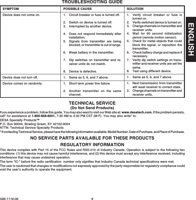 9598-1116-06ENGLISHTROUBLESHOOTING GUIDEPOSSIBLE CAUSE1. Circuit breaker or fuse is turned off.2. Switch on device is turned off.3. Interrupted by another device.4. Does not respond immediately afterinstallation.5. Signals from transmitter are beingblocked, or transmitter is out of range.6. Weak battery in the transmitter.7. Dip switches on transmitter and re-ceiver units do not match.8. Device is defective.1. Same as 5, 6, and 7 above.1. Short term power line failure.2. Another transmitter on the samechannel.SYMPTOMDevice does not come on.Device does not turn off.Device comes on randomly.SOLUTION1. Verify circuit breaker or fuse isturned on.2. Verify switched device is turned on.3. Change channels on transmitter andreceiver units.4. Wait for 90 second initializationperiod (remote motion sensor).5. Check for metal objects that couldblock the signal, or reposition thetransmitter.6. Check battery charge and replace ifnecessary.7. Verify dip switch settings on trans-mitter and receiver units are set thesame.8. Test using different device.1. Same as 5, 6, and 7 above.1. Next transmission from transmitterwill reset receiver to correct state.2. Change channels on transmitter andreceiver units.REGULATORY INFORMATIONThis device complies with Part 15 of the FCC Rules and RSS-210 of Industry Canada. Operation is subject to the following twoconditions: (1) this device may not cause harmful interference, and (2) this device must accept any interference received, includinginterference that may cause undesired operation.The term &quot;IC:&quot; before the radio certification  number only signifies that Industry Canada technical specifications were met.The user is cautioned that changes or modifications not expressly approved by the party responsible for regulatory compliance couldvoid the user’s authority to operate the equipment.NO SERVICE PARTS AVAILABLE FOR THESE PRODUCTSTECHNICAL SERVICE(Do Not Send Products)If you experience a problem, follow this guide. You may also want to visit our Web site at: www.desatech.com. If the problem persists,call* for assistance at 1-800-858-8501, 7:30 AM to 4:30 PM CST (M-F). You may also write* to:DESA Specialty Products™P.O. Box 90004, Bowling Green, KY 42102-9004ATTN: Technical Service Specialty Products* If contacting Technical Service, please have the following information available: Model Number, Date of Purchase, and Place of Purchase.