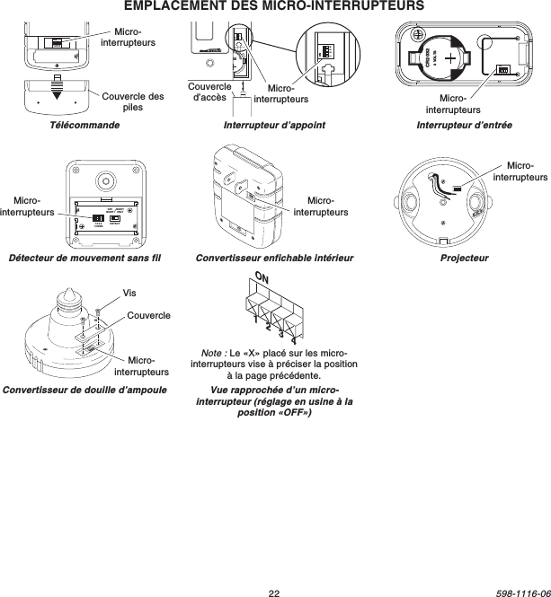 22598-1116-06TélécommandeConvertisseur enfichable intérieurEMPLACEMENT DES MICRO-INTERRUPTEURSON1 2 3 4Micro-interrupteursCouvercle despilesON1 2 3 4Micro-interrupteurs1  2  3  4ON20323VLithiumBatteryDIMInterrupteur d’appointCouvercled’accès1  2  3  4ONhiumBInterrupteur d’entréeProjecteurConvertisseur de douille d’ampoule1 2 3 4Micro-interrupteursVisCouvercleDétecteur de mouvement sans filMicro-interrupteursDETECTCODES1234DAYNIGHTNIGHTONLYMicro-interrupteursON1   2   3   4Vue rapprochée d’un micro-interrupteur (réglage en usine à laposition «OFF»)Note : Le «X» placé sur les micro-interrupteurs vise à préciser la positionà la page précédente.CR20323 VOLTS1  2  3  4ONMicro-interrupteursMicro-interrupteurs