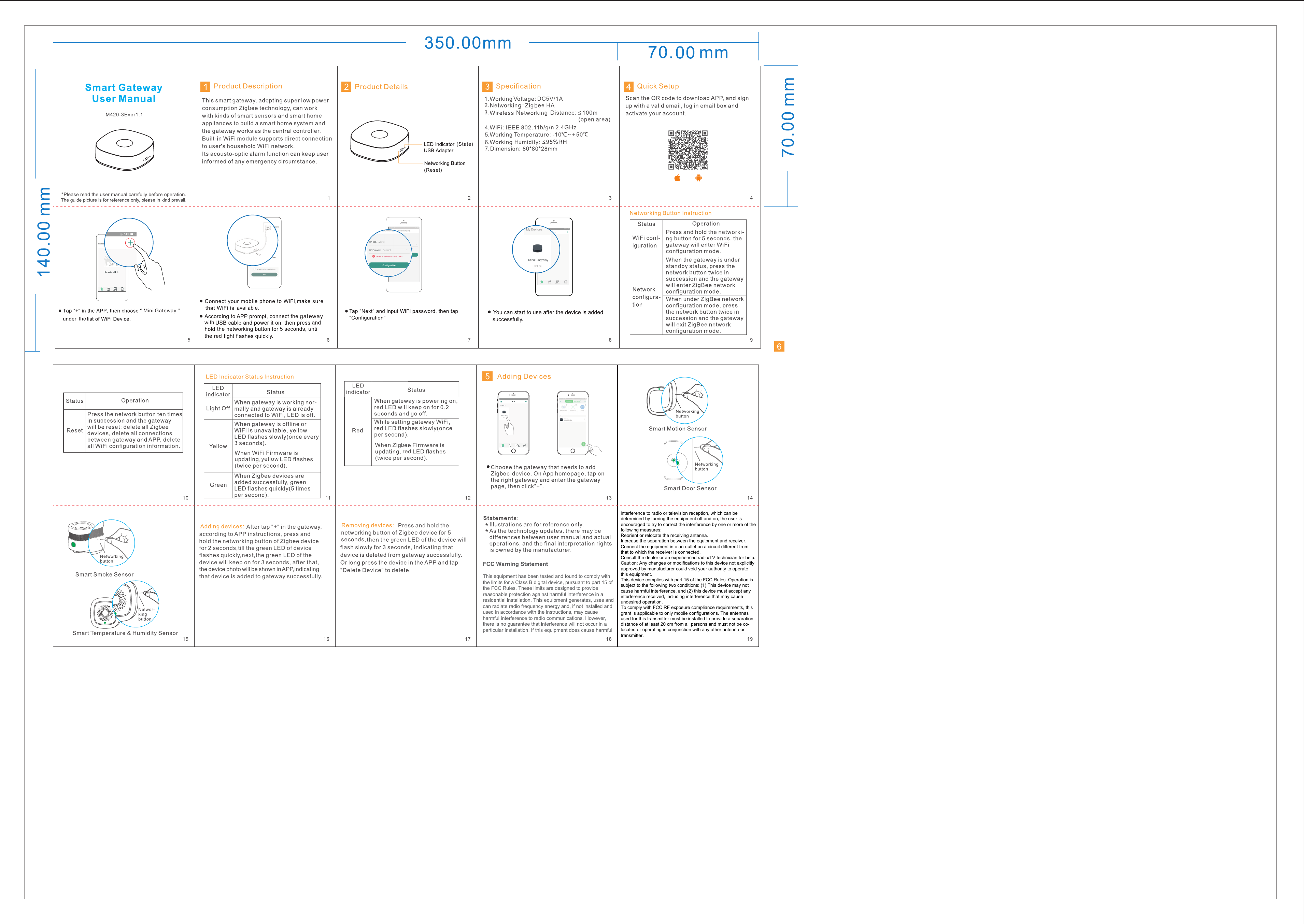 yellowredDC5V/1Ab4657Mini Gatewaygateway (Reset)  (State)VAfter tap &quot;+&quot; in the gateway, according to APP instructions, press andhold the networking button of Zigbee devicefor 2 seconds,till the green LED of deviceflashes quickly,next,the green LED of thedevice will keep on for 3 seconds, after that,the device photo will be shown in APP,indicatingthat device is added to gateway successfully.                                    Press and hold the networking button of Zigbee device for 5 seconds, NDTHbbbbbinterference to radio or television reception, which can be determined by turning the equipment off and on, the user is encouraged to try to correct the interference by one or more of the following measures:Reorient or relocate the receiving antenna.Increase the separation between the equipment and receiver.Connect the equipment into an outlet on a circuit different from that to which the receiver is connected.Consult the dealer or an experienced radio/TV technician for help.Caution: Any changes or modiﬁcations to this device not explicitly approved by manufacturer could void your authority to operate this equipment.This device complies with part 15 of the FCC Rules. Operation is subject to the following two conditions: (1) This device may not cause harmful interference, and (2) this device must accept any interference received, including interference that may cause undesired operation.To comply with FCC RF exposure compliance requirements, this grant is applicable to only mobile configurations. The antennas used for this transmitter must be installed to provide a separation distance of at least 20 cm from all persons and must not be co-located or operating in conjunction with any other antenna or transmitter.FCC Warning StatementThis equipment has been tested and found to comply with the limits for a Class B digital device, pursuant to part 15 of the FCC Rules. These limits are designed to provide reasonable protection against harmful interference in a residential installation. This equipment generates, uses and can radiate radio frequency energy and, if not installed and used in accordance with the instructions, may cause harmful interference to radio communications. However, there is no guarantee that interference will not occur in a particular installation. If this equipment does cause harmful 