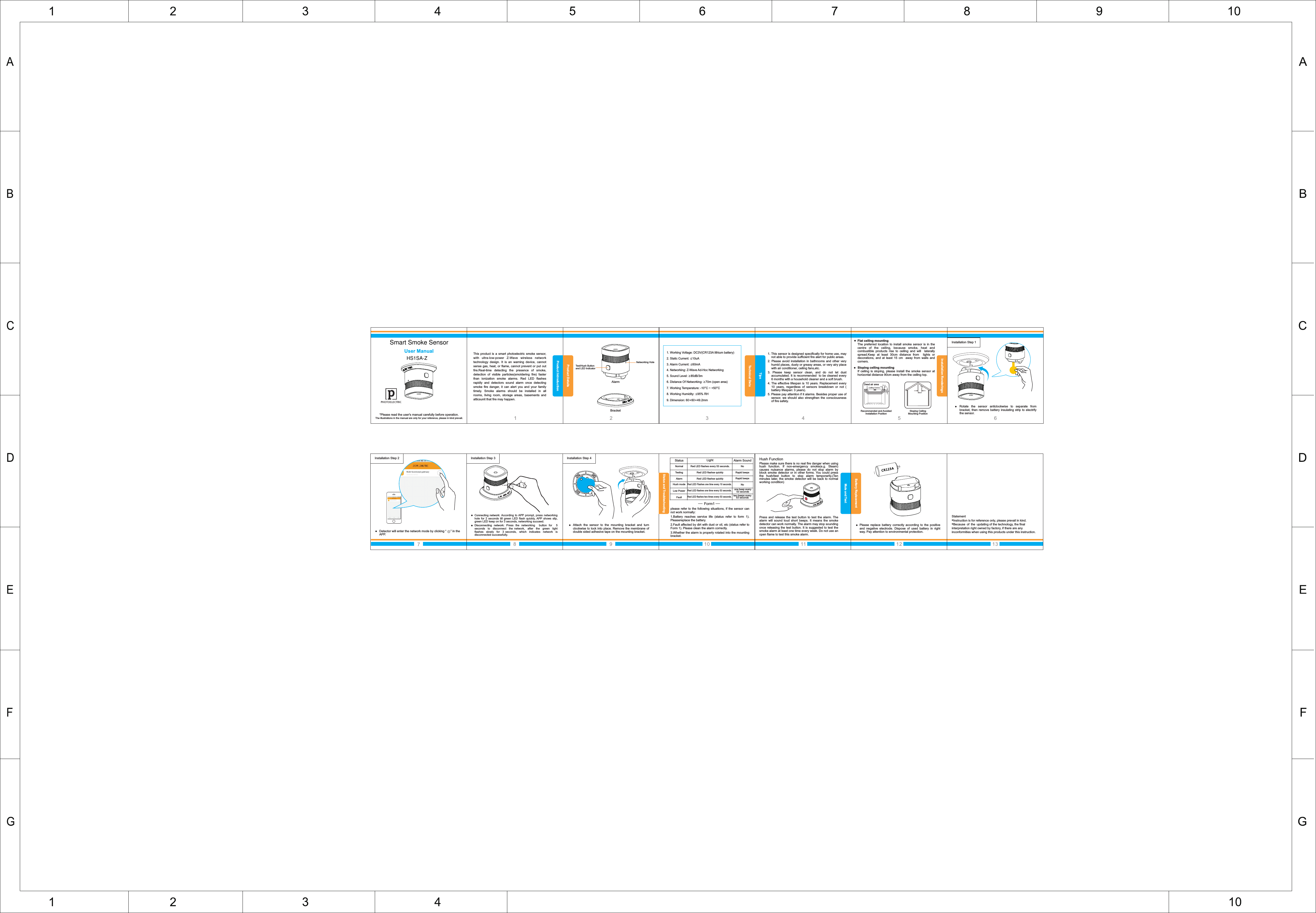 User Manual*Please read the user&apos;s manual carefully before operation.The illustrations in the manual are only for your reference, please in kind prevail. This  product  is  a  smart  photoelectric  smoke  sensor, with  ultra-low-power  Z-Wave  wireless  network technology  design. It  is  an  warning  device,  cannot sense gas, heat, or flame,  cannot prevent or  put out fire.Real-time  detecting  the  presence  of  smoke, detection  of  visible  particles(smoldering  fire)  faster than  ionization  smoke  alarms.  Red  LED  flashes rapidly  and  detectors  sound  alarm  once  detecting smoke  fire  danger,  it  can  alert  you  and  your  family timely.  Smoke  alarms  should  be  installed  in  all rooms,  living  room,  storage  areas,  basements  and atticsunit that fire may happen.1. This sensor is designed specifically for home use, may not able to provide sufficient fire alert for public areas.2.  Please  avoid  installation  in  bathrooms  and  other  very humid places, dusty or greasy areas, or very airy place with air conditioner, ceiling fans,etc.3.  Please  keep  sensor  clean,  and  do  not  let  dust accumulated. It is  recommended   to be cleaned  every 6 months with a household cleaner and a soft brush.4. The effective lifespan is  10 years.  Replacement every 10  years,  regardless  of  sensors  breakdown  or  not  ( battery lifespan: 3 years).5. Please pay attention if it alarms. Besides proper use of sensor,  we  should  also  strengthen  the  consciousness of fire safety.Flat ceiling mounting The  preferred  location  to  install  smoke  sensor  is  in  the centre  of  the  ceiling,  because  smoke,  heat  and combustible  products  rise  to  ceiling  and  will    laterally spread.Keep  at  least  30cm  distance  from    lights  or decorations,  and  at  least  15  cm    away  from  walls  and corners. Sloping ceiling mountingIf  ceiling  is sloping,  please  install  the  smoke  sensor  at horizontal distance 90cm away from the ceiling top.Rotate  the    anticlockwise  to  separate  from bracket, then  remove  battery  insulating strip to  electrify the  . sensorsensorAttach  the  sensor  to  the  mounting  bracket  and  turn clockwise to lock into place. Remove the membrane of double sided adhesive tape on the mounting bracket.please refer  to  the  following situations, if  the  sensor can not work normally:1.Battery  reaches  service  life  (status  refer  to  form  1).   Pleasereplace the battery.2.Fault affected by dirt with dust or oil, etc (status refer to Form 1). Please clean the alarm correctly.3.Whether the alarm is properly rotated into the mounting bracket.Please make sure there is no real fire danger when using hush  function.  If  non-emergency  smoke(e.g.  Steam) causes  nuisance  alarms,  please  do  not  stop  alarm  by block smoke  detector  or  in other forms.  You could  press the  hush/test  button  to  stop  alarm  temporarily.(Ten minutes later, the  smoke  detector  will be  back  to  normal working condition)Press  and  release the test button to  test  the  alarm.  The alarm  will  sound  loud  short  beeps.  It  means  the  smoke detector can work normally. The alarm may stop sounding once releasing the  test button. It  is suggested to  test the smoke alarm at least one time every week. Do not use an open flame to test this smoke alarm.Please  replace  battery  correctly  according  to  the  positive and  negative  electrode.  Dispose  of  used  battery  in  right way. Pay attention to environmental protection.Dead air areaHush FunctionOFFTWISTONProduct IntroductionTechnical DetaProduct DetailsBracketAlarmTest/Hush Buttonand LED IndicatorTips1. Working Voltage: DC3V(CR123A lithium battery)2. Static Current: ≤10uA3. Alarm Current: ≤60mA4. Networking: Z-Wave Ad-Hoc Networking              5. Sound Level: ≥85dB/3m6. Distance Of Networking: ≥70m (open area)7. Working Temperature: -10°C ~ +50°C8. Working Humidity: ≤95% RH9. Dimension: 60×60×49.2mmRecommended and AvoidedInstallation PositionSloping Ceiling Mounting PositionInstallation Step 1Installstion RenderingsInstallation Step 2Status and TroubleshootingStatus Light Alarm SoundNormal TestingRed LED flashes every 53 seconds.Red LED flashse quicklyNoRapid beepsHush mode Red LED Flashes one time every 10 seconds.one beep every 53 secondsLow PowerRed LED flashes one time every 53 seconds.two beeps every 53 secondsRed LED flashse quicklyAlarm Red LED flashes two times every 53 seconds.Rapid beepsNoFaultMute and TestBattery ReplacementStatement*Instruction is for reference only, please prevail in kind.*Because of the updating of the technology, the final interpretation right owned by factory, if there are any inconformities when using this products under this instruction.    12345 678 9 10 11 12 13Networking HoleDetector will enter the network mode by clicking “     ” in the APP.Installation Step 3 Installation Step 4OFFTWISTONConnecting  network: hole  for  2  seconds  till  green  LED  flash  quickly, APP  shows  slip, green LED keep on for 3 seconds, networking succeed. Disconnecting  network:  Press  the  networking    button  for    5   seconds    to    disconnect    the  network,    after    the    green    light   flashes    slowly    for    3  seconds,    which    indicates    network    is   disconnected successfully.According  to APP  prompt,  press  networking Form1Smart Smoke SensorHS1SA-Z