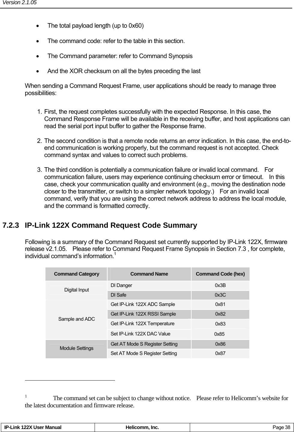 Version 2.1.05     IP-Link 122X User Manual  Helicomm, Inc.  Page 38 •  The total payload length (up to 0x60) •  The command code: refer to the table in this section. •  The Command parameter: refer to Command Synopsis •  And the XOR checksum on all the bytes preceding the last When sending a Command Request Frame, user applications should be ready to manage three possibilities: 1. First, the request completes successfully with the expected Response. In this case, the Command Response Frame will be available in the receiving buffer, and host applications can read the serial port input buffer to gather the Response frame. 2. The second condition is that a remote node returns an error indication. In this case, the end-to-end communication is working properly, but the command request is not accepted. Check command syntax and values to correct such problems. 3. The third condition is potentially a communication failure or invalid local command.    For communication failure, users may experience continuing checksum error or timeout.    In this case, check your communication quality and environment (e.g., moving the destination node closer to the transmitter, or switch to a simpler network topology.)    For an invalid local command, verify that you are using the correct network address to address the local module, and the command is formatted correctly. 7.2.3  IP-Link 122X Command Request Code Summary Following is a summary of the Command Request set currently supported by IP-Link 122X, firmware release v2.1.05.    Please refer to Command Request Frame Synopsis in Section 7.3 , for complete, individual command’s information.1 Command Category  Command Name  Command Code (hex) DI Danger  0x3B Digital Input DI Safe  0x3C Get IP-Link 122X ADC Sample  0x81 Get IP-Link 122X RSSI Sample  0x82 Get IP-Link 122X Temperature  0x83 Sample and ADC Set IP-Link 122X DAC Value           0x85 Get AT Mode S Register Setting  0x86 Module Settings Set AT Mode S Register Setting  0x87                                                       1      The command set can be subject to change without notice.    Please refer to Helicomm’s website for the latest documentation and firmware release. 