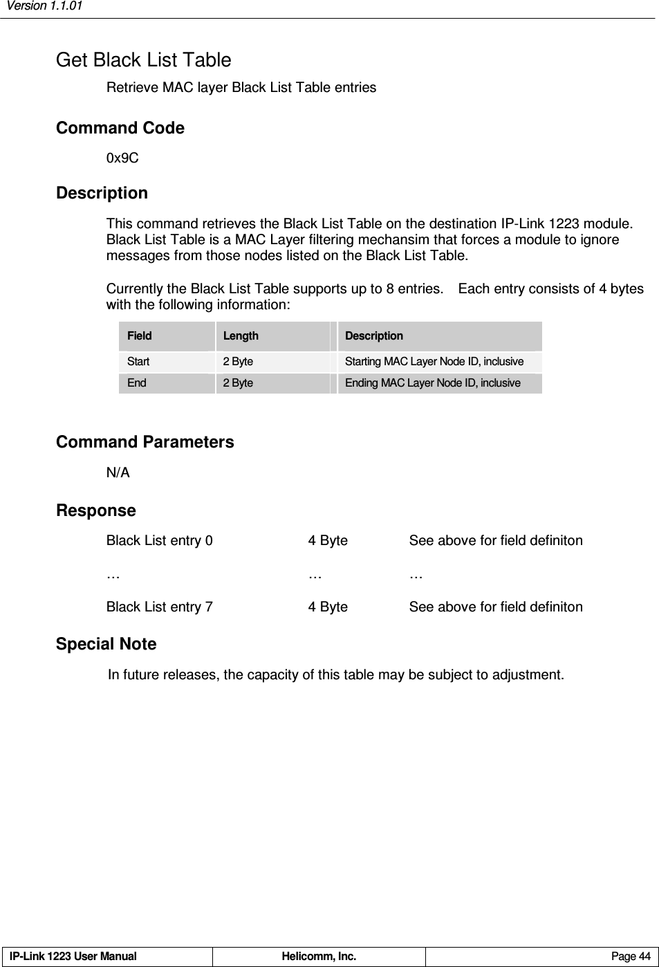 Version 1.1.01     IP-Link 1223 User Manual  Helicomm, Inc.  Page 44   Get Black List Table Retrieve MAC layer Black List Table entries Command Code 0x9C Description This command retrieves the Black List Table on the destination IP-Link 1223 module.   Black List Table is a MAC Layer filtering mechansim that forces a module to ignore messages from those nodes listed on the Black List Table.     Currently the Black List Table supports up to 8 entries.    Each entry consists of 4 bytes with the following information: Field  Length  Description Start  2 Byte  Starting MAC Layer Node ID, inclusive End  2 Byte      Ending MAC Layer Node ID, inclusive  Command Parameters N/A Response   Black List entry 0    4 Byte    See above for field definiton …        …    … Black List entry 7    4 Byte     See above for field definiton Special Note In future releases, the capacity of this table may be subject to adjustment. 