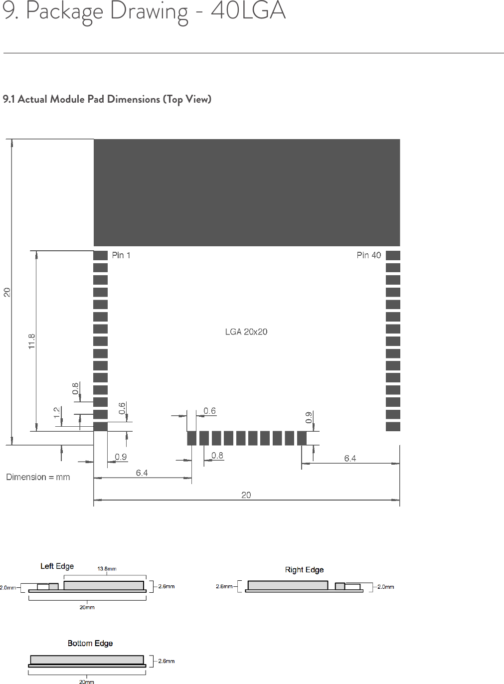 9. Package Drawing - 40LGA9.1 Actual Module Pad Dimensions (Top View)© Helium Systems Inc. USA 2015  01/2015 16