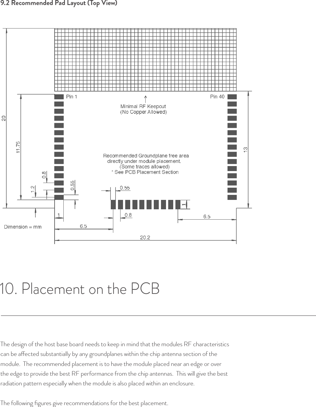 9.2 Recommended Pad Layout (Top View)© Helium Systems Inc. USA 2015  01/2015 1710. Placement on the PCBThe design of the host base board needs to keep in mind that the modules RF characteristics can be aected substantially by any groundplanes within the chip antenna section of the module.  The recommended placement is to have the module placed near an edge or over the edge to provide the best RF performance from the chip antennas.  This will give the best radiation pattern especially when the module is also placed within an enclosure.The following ﬁgures give recommendations for the best placement.