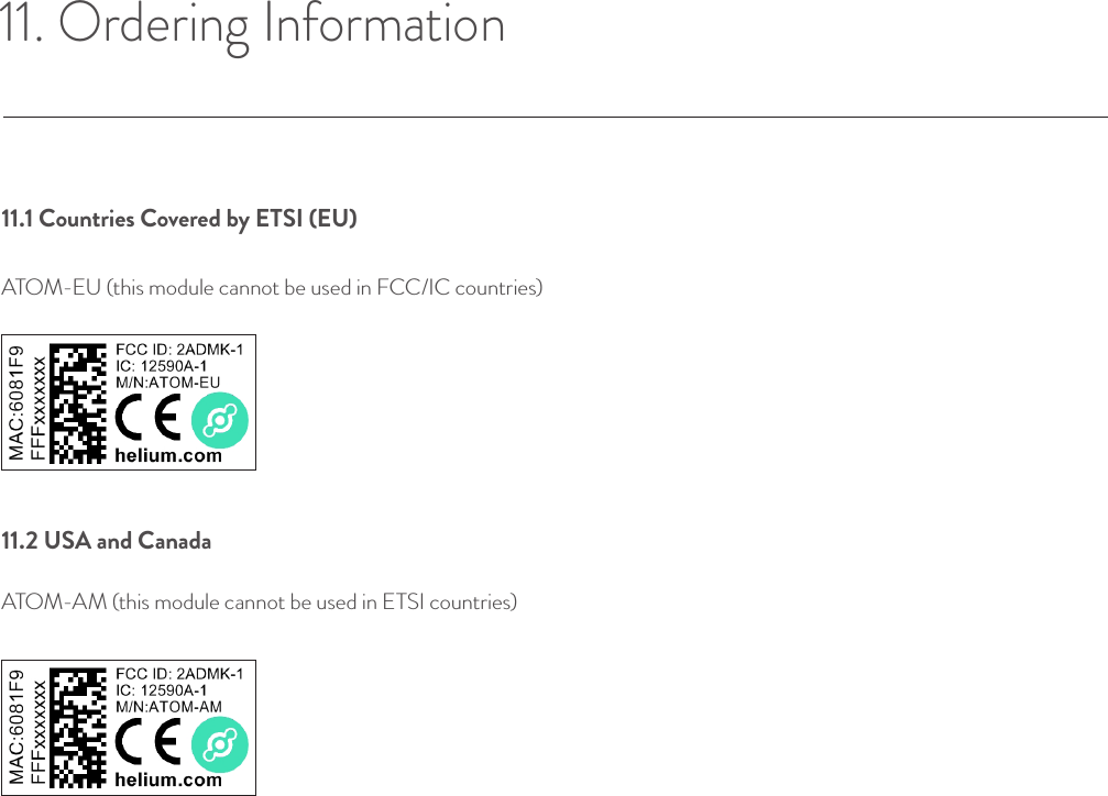 11. Ordering Information 11.1 Countries Covered by ETSI (EU) ATOM-EU (this module cannot be used in FCC/IC countries)11.2 USA and Canada ATOM-AM (this module cannot be used in ETSI countries)© Helium Systems Inc. USA 2015  01/2015 19