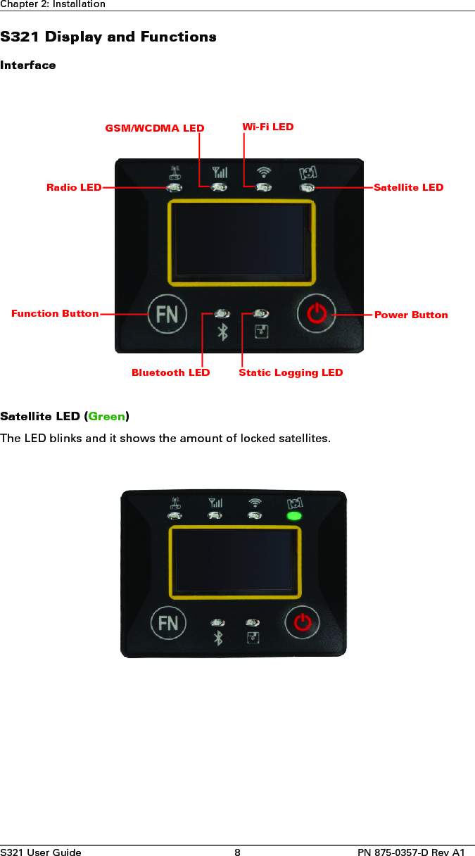 S321 User Guide 8 PN 875-0357-D Rev A1Chapter 2: InstallationS321 Display and FunctionsInterfaceSatellite LED (Green)The LED blinks and it shows the amount of locked satellites.Satellite LEDPower ButtonRadio LEDGSM/WCDMA LED Wi-Fi LEDBluetooth LED Static Logging LEDFunction Button