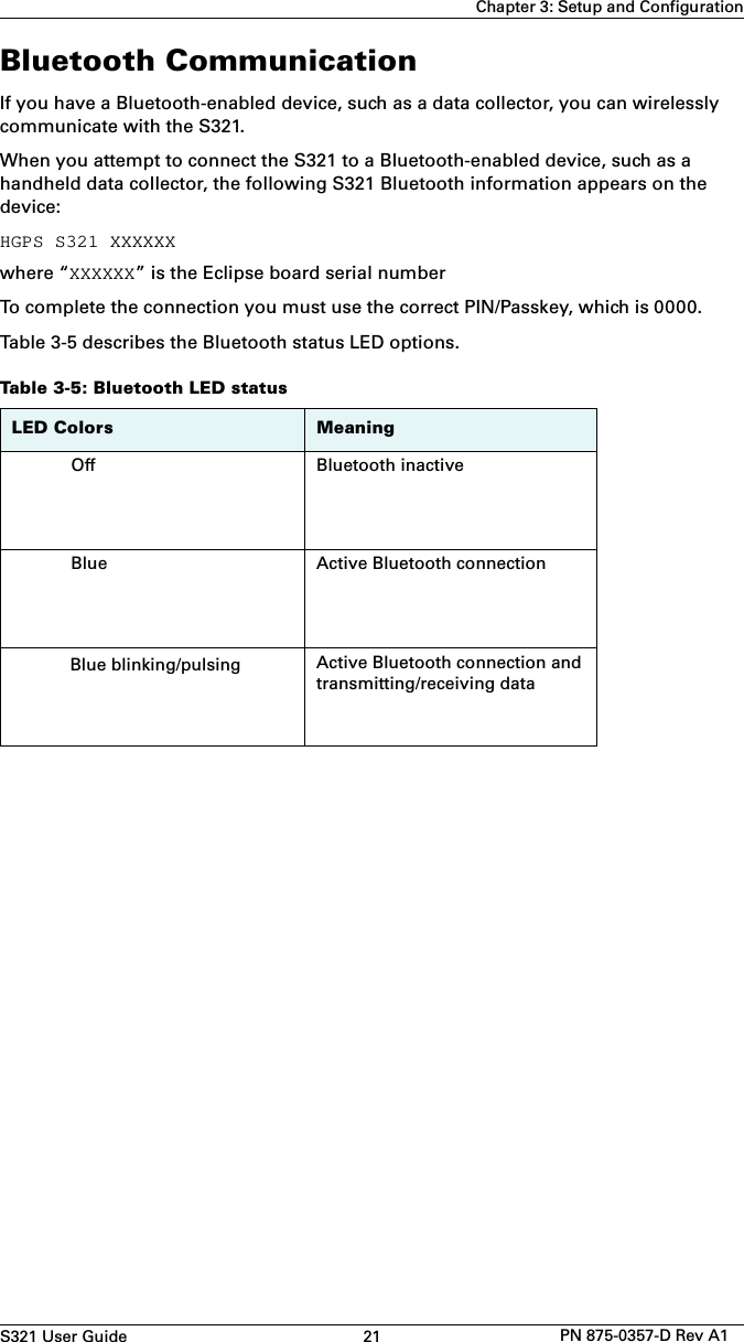 S321 User Guide 21 PN 875-0357-D Rev A1Chapter 3: Setup and ConfigurationBluetooth CommunicationIf you have a Bluetooth-enabled device, such as a data collector, you can wirelessly communicate with the S321.When you attempt to connect the S321 to a Bluetooth-enabled device, such as a handheld data collector, the following S321 Bluetooth information appears on the device:HGPS S321 XXXXXXwhere “XXXXXX” is the Eclipse board serial numberTo complete the connection you must use the correct PIN/Passkey, which is 0000.Table 3-5 describes the Bluetooth status LED options.Table 3-5: Bluetooth LED statusLED Colors MeaningOff Bluetooth inactiveBlue Active Bluetooth connectionBlue blinking/pulsing Active Bluetooth connection and transmitting/receiving data