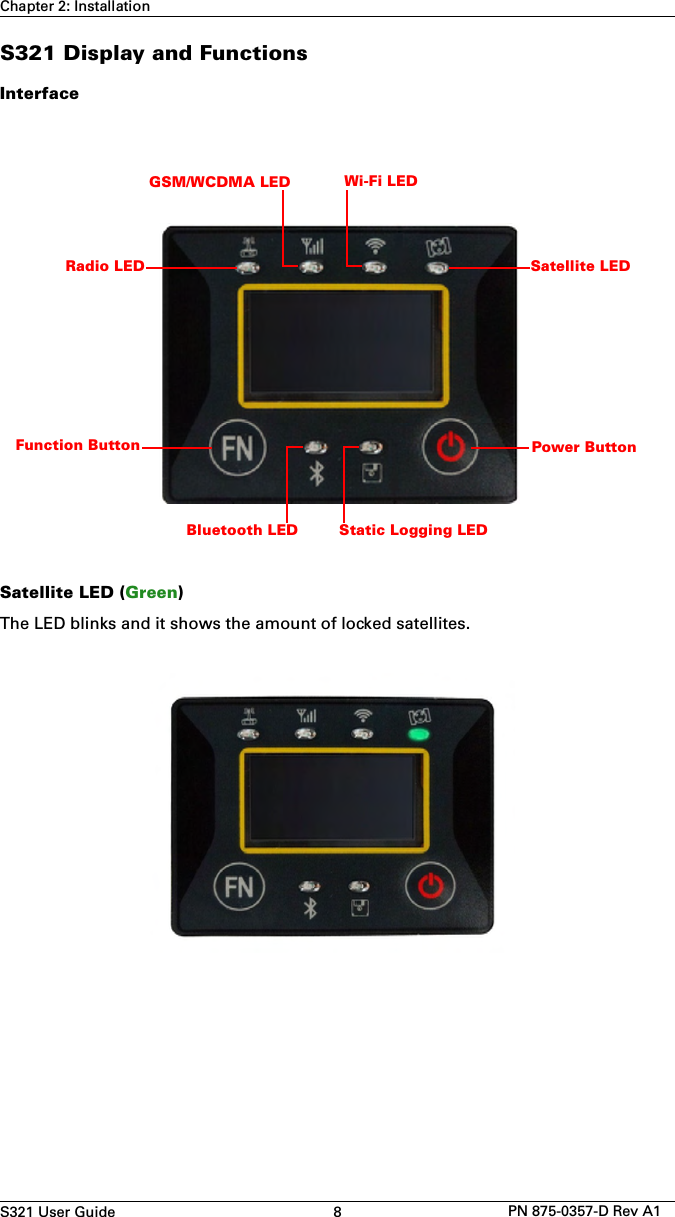 S321 User Guide 8 PN 875-0357-D Rev A1Chapter 2: InstallationS321 Display and FunctionsInterfaceSatellite LED (Green)The LED blinks and it shows the amount of locked satellites.Satellite LEDPower ButtonRadio LEDGSM/WCDMA LED Wi-Fi LEDBluetooth LED Static Logging LEDFunction Button