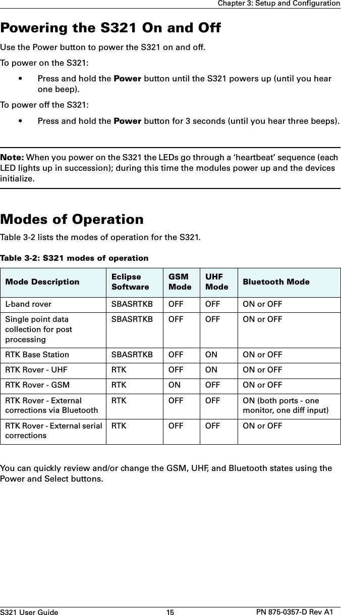 S321 User Guide 15 PN 875-0357-D Rev A1Chapter 3: Setup and ConfigurationPowering the S321 On and OffUse the Power button to power the S321 on and off.To power on the S321:• Press and hold the Power button until the S321 powers up (until you hearone beep).To power off the S321:• Press and hold the Power button for 3 seconds (until you hear three beeps).Note: When you power on the S321 the LEDs go through a ‘heartbeat’ sequence (each LED lights up in succession); during this time the modules power up and the devices initialize.Modes of OperationTable 3-2 lists the modes of operation for the S321.You can quickly review and/or change the GSM, UHF, and Bluetooth states using the Power and Select buttons.Table 3-2: S321 modes of operationMode Description Eclipse SoftwareGSM ModeUHF Mode Bluetooth ModeL-band rover SBASRTKB OFF OFF ON or OFFSingle point data collection for post processingSBASRTKB OFF OFF ON or OFFRTK Base Station SBASRTKB OFF ON ON or OFFRTK Rover - UHF RTK OFF ON ON or OFFRTK Rover - GSM RTK ON OFF ON or OFFRTK Rover - External corrections via BluetoothRTK OFF OFF ON (both ports - one monitor, one diff input)RTK Rover - External serial correctionsRTK OFF OFF ON or OFF