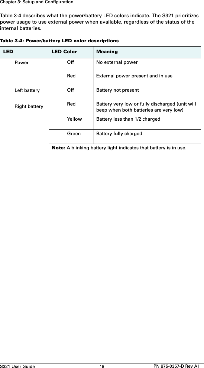 S321 User Guide 18 PN 875-0357-D Rev A1Chapter 3: Setup and ConfigurationTable 3-4 describes what the power/battery LED colors indicate. The S321 prioritizes power usage to use external power when available, regardless of the status of the internal batteries.Table 3-4: Power/battery LED color descriptionsLED LED Color MeaningPower Off No external powerRed External power present and in useLeft batteryRight batteryOff Battery not presentRed Battery very low or fully discharged (unit will beep when both batteries are very low)Yellow Battery less than 1/2 chargedGreen Battery fully chargedNote: A blinking battery light indicates that battery is in use.