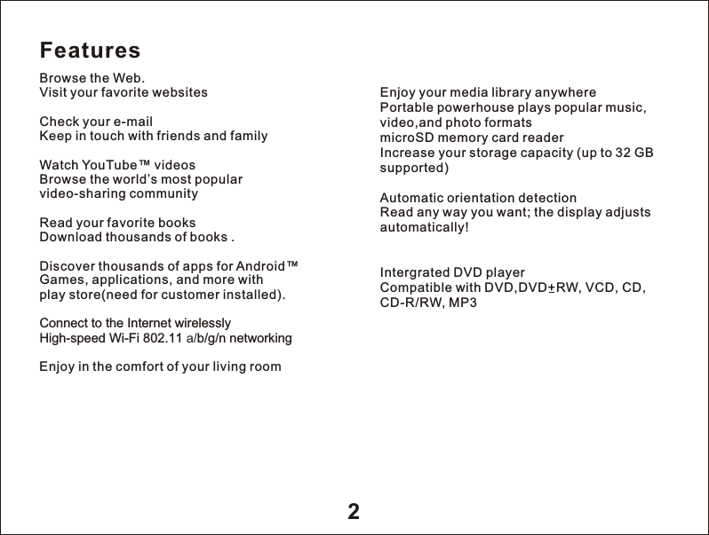 Enjoy your media library anywherePortable powerhouse plays popular music, video,and photo formats microSD memory card readerIncrease your storage capacity (up to 32 GB supported)Automatic orientation detectionRead any way you want; the display adjusts automatically!Intergrated DVD playerCompatible with DVD,DVD+RW, VCD, CD, CD-R/RW, MP3FeaturesBrowse the Web.Visit your favorite websitesCheck your e-mailKeep in touch with friends and familyWatch YouTube&trade; videosBrowse the world&rsquo;s most popular video-sharing communityRead your favorite booksDownload thousands of books .Discover thousands of apps for Android&trade; Games, applications, and more with play store(need for customer installed).Connect to the Internet wirelesslyHigh-speed Wi-Fi 802.11 a/b/g/n networkingEnjoy in the comfort of your living room2