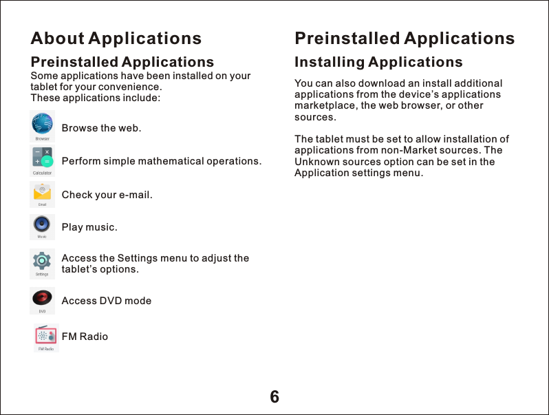 About Applications6Preinstalled ApplicationsSome applications have been installed on your tablet for your convenience. These applications include:Browse the web.Perform simple mathematical operations.Check your e-mail.Play music.Access the Settings menu to adjust the tablet&rsquo;s options.Preinstalled ApplicationsInstalling ApplicationsYou can also download an install additional applications from the device&rsquo;s applications marketplace, the web browser, or other sources.The tablet must be set to allow installation of applications from non-Market sources. The Unknown sources option can be set in the Application settings menu.Access DVD modeFM Radio