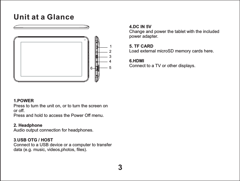 31.POWERPress to turn the unit on, or to turn the screen on or off.Press and hold to access the Power Off menu.2. HeadphoneAudio output connection for headphones.3.USB OTG / HOSTConnect to a USB device or a computer to transfer data (e.g. music, videos,photos, files).14.DC IN 5VChange and power the tablet with the includedpower adapter.5. TF CARDLoad external microSD memory cards here.6.HDMIConnect to a TV or other displays.23456Unit at a Glance