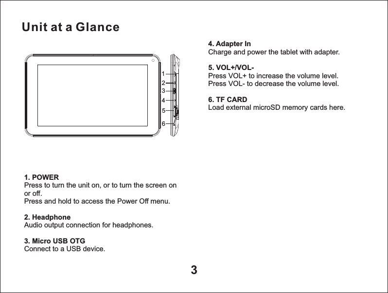 Unit at a Glance35. 6. TF CARDLoad external microSD memory cards here.4. Adapter InCharge and power the tablet with adapter.VOL+/VOL-Press VOL+ to increase the volume level.Press VOL- to decrease the volume level.1. 2. 3. POWERPress to turn the unit on, or to turn the screen on or off.Press and hold to access the Power Off menu.HeadphoneAudio output connection for headphones.Micro USB OTGConnect to a USB device.123456