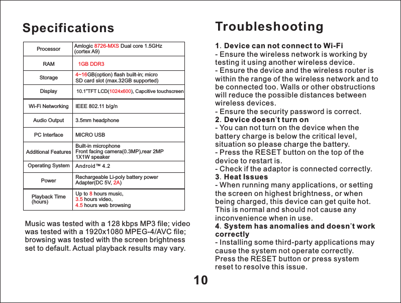 10SpecificationsMusic was tested with a 128 kbps MP3 file; video was tested with a 1920x1080 MPEG-4/AVC file; browsing was tested with the screen brightness set to default. Actual playback results may vary.ProcessorRAMStorageDisplayWi-Fi NetworkingAudio OutputPC InterfaceAdditional FeaturesOperating SystemPowerPlayback Time(hours)Amlogic  Dual core 1.5GHz(cortex A9)8726-MXS 4~16GB(option) flash built-in; micro SD card slot (max.32GB supported)10.1&rdquo;TFT LCD( ), Capcitive touchscreen1024x600IEEE 802.11 b/g/n3.5mm headphoneMICRO USBUp to   hours music, hours video,hours web browsing83.5 4.5 Built-in microphone Front facing camera(0.3MP),rear 2MP1X1W speakerAndroid&trade; 4.2Rechargeable Li-poly battery power Adapter(DC 5V,  )2A 1GB DDR3Troubleshooting1.Device can not connect to Wi-Fi- Ensure the wireless network is working by testing it using another wireless device.- Ensure the device and the wireless router is within the range of the wireless network and tobe connected too. Walls or other obstructionswill reduce the possible distances betweenwireless devices.- Ensure the security password is correct.2.Device doesn&rsquo;t turn on- You can not turn on the device when thebattery charge is below the critical level,situation so please charge the battery.- Press the RESET button on the top of thedevice to restart is.- Check if the adaptor is connected correctly.3.Heat Issues- When running many applications, or settingthe screen on highest brightness, or whenbeing charged, this device can get quite hot.This is normal and should not cause anyinconvenience when in use.4.System has anomalies and doesn&rsquo;t work correctly- Installing some third-party applications maycause the system not operate correctly.Press the RESET button or press systemreset to resolve this issue.