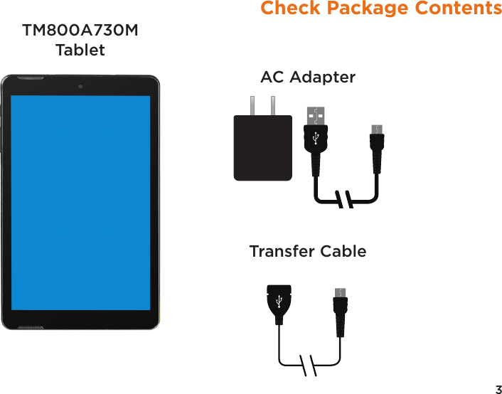 3Check Package ContentsTM800A730M TabletAC AdapterTransfer Cable