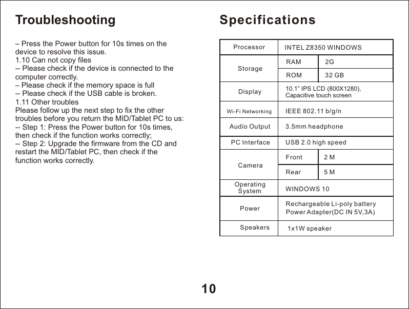 &ndash; Press the Power button for 10s times on thedevice to resolve this issue.1.10 Can not copy files-- Please check if the device is connected to thecomputer correctly.&ndash; Please check if the memory space is full-- Please check if the USB cable is broken.1.11 Other troublesPlease follow up the next step to fix the othertroubles before you return the MID/Tablet PC to us:-- Step 1: Press the Power button for 10s times,then check if the function works correctly;-- Step 2: Upgrade the firmware from the CD andrestart the MID/Tablet PC, then check if thefunction works correctly.10SpecificationsDisplay                        10.1&rdquo; IPS Capacitive touch screen  LCD (800X1280), Wi-Fi Networking         IEEE 802.11 b/g/nAudio Output               3.5mm headphonePC Interface                USB 2.0 high speedFrontWINDOWS 10Rechargeable Li-poly battery                           P Adapter(DC IN 5V,3A)ower Processor       INTEL Z8350 WINDOWSStorage          Operating System       Power                           Camera Troubleshooting RAMROM2G32 GBRear2 M5 MSpeakers 1x1W speaker
