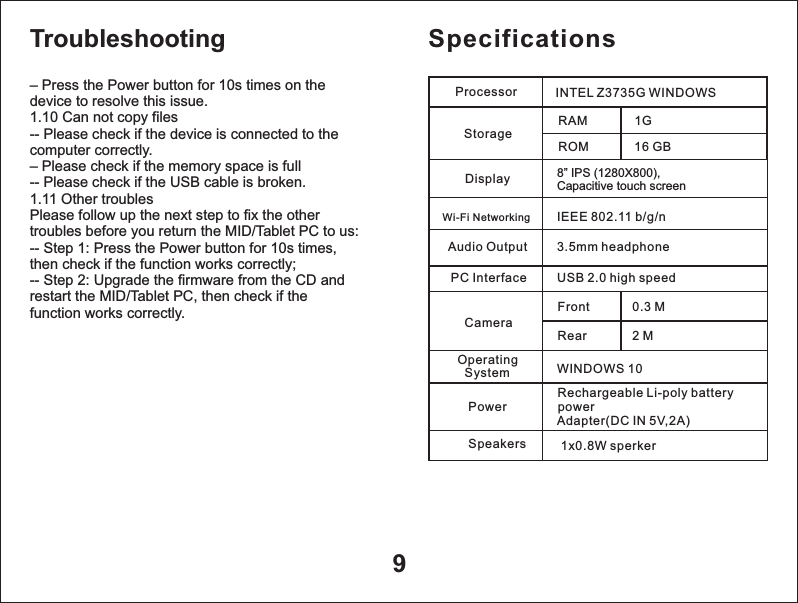 &ndash; Press the Power button for 10s times on thedevice to resolve this issue.1.10 Can not copy files-- Please check if the device is connected to thecomputer correctly.&ndash; Please check if the memory space is full-- Please check if the USB cable is broken.1.11 Other troublesPlease follow up the next step to fix the othertroubles before you return the MID/Tablet PC to us:-- Step 1: Press the Power button for 10s times,then check if the function works correctly;-- Step 2: Upgrade the firmware from the CD andrestart the MID/Tablet PC, then check if thefunction works correctly.9SpecificationsDisplay                        8&rdquo; IPSCapacitive touch screen   (1280X800), Wi-Fi Networking         IEEE 802.11 b/g/nAudio Output               3.5mm headphonePC Interface                USB 2.0 high speedFrontWINDOWS 10Rechargeable Li-poly battery                                       power                                       Adapter(DC IN 5V,2A)Processor       INTEL Z3735G WINDOWSStorage          Operating System       Power                           Camera Troubleshooting RAMROM1G16 GBRear0.3 M2 MSpeakers 1x0.8W sperker