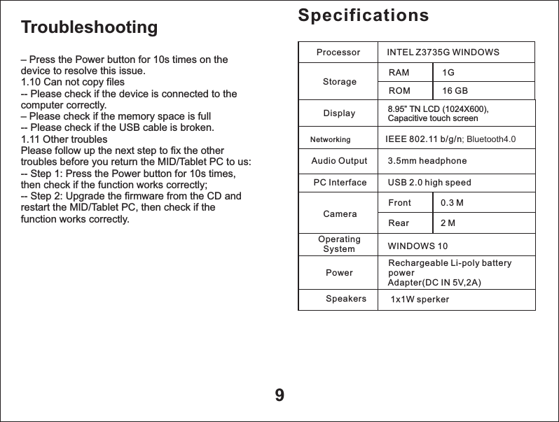 &ndash; Press the Power button for 10s times on thedevice to resolve this issue.1.10 Can not copy files-- Please check if the device is connected to thecomputer correctly.&ndash; Please check if the memory space is full-- Please check if the USB cable is broken.1.11 Other troublesPlease follow up the next step to fix the othertroubles before you return the MID/Tablet PC to us:-- Step 1: Press the Power button for 10s times,then check if the function works correctly;-- Step 2: Upgrade the firmware from the CD andrestart the MID/Tablet PC, then check if thefunction works correctly.9SpecificationsDisplay                        8.95&rdquo; TN Capacitive touch screen  LCD (1024X600),  Networking                 IEEE 802.11 b/g/n; Bluetooth4.0Audio Output               3.5mm headphonePC Interface                USB 2.0 high speedFrontWINDOWS 10Rechargeable Li-poly battery                                       power                                       Adapter(DC IN 5V,2A)Processor       INTEL Z3735G WINDOWSStorage          Operating System       Power                           Camera Troubleshooting RAMROM1G16 GBRear0.3 M2 MSpeakers 1x1W sperker
