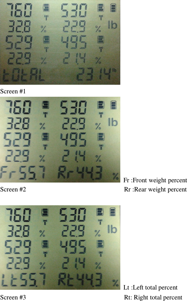  Screen #1   Fr :Front weight percent   Screen #2                                                            Rr :Rear weight percent    Lt :Left total percent Screen #3                                                            Rt: Right total percent 