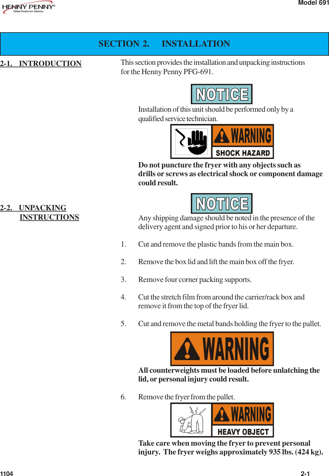Page 1 of 11 - Henny-Penny Henny-Penny-Pfg-691-Users-Manual- PFG-691 Operators - Installation  Henny-penny-pfg-691-users-manual