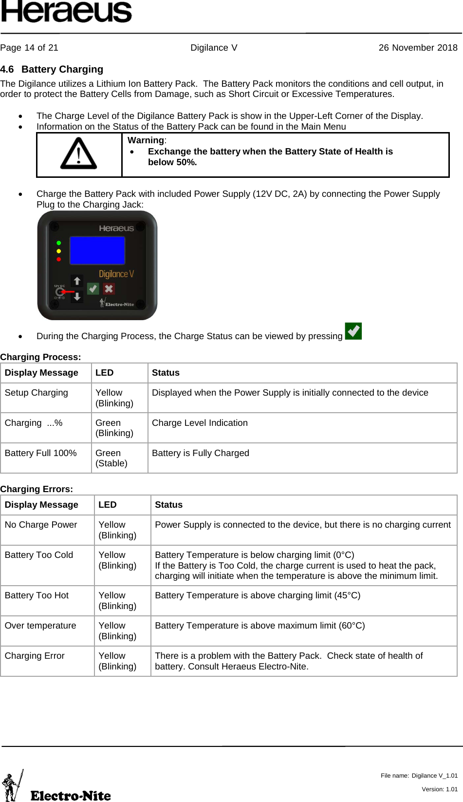     Page 14 of 21                                           Digilance V                                              26 November 2018   File name: Digilance V_1.01  Version: 1.01 4.6 Battery Charging The Digilance utilizes a Lithium Ion Battery Pack.  The Battery Pack monitors the conditions and cell output, in order to protect the Battery Cells from Damage, such as Short Circuit or Excessive Temperatures.   • The Charge Level of the Digilance Battery Pack is show in the Upper-Left Corner of the Display. • Information on the Status of the Battery Pack can be found in the Main Menu  Warning: • Exchange the battery when the Battery State of Health is below 50%.  • Charge the Battery Pack with included Power Supply (12V DC, 2A) by connecting the Power Supply Plug to the Charging Jack:   • During the Charging Process, the Charge Status can be viewed by pressing     Charging Process: Display Message LED Status Setup Charging Yellow (Blinking) Displayed when the Power Supply is initially connected to the device Charging  ...% Green (Blinking) Charge Level Indication Battery Full 100% Green (Stable) Battery is Fully Charged  Charging Errors: Display Message LED Status No Charge Power Yellow (Blinking) Power Supply is connected to the device, but there is no charging current Battery Too Cold Yellow (Blinking) Battery Temperature is below charging limit (0°C) If the Battery is Too Cold, the charge current is used to heat the pack, charging will initiate when the temperature is above the minimum limit. Battery Too Hot Yellow (Blinking) Battery Temperature is above charging limit (45°C) Over temperature Yellow (Blinking) Battery Temperature is above maximum limit (60°C) Charging Error Yellow (Blinking) There is a problem with the Battery Pack.  Check state of health of battery. Consult Heraeus Electro-Nite.     