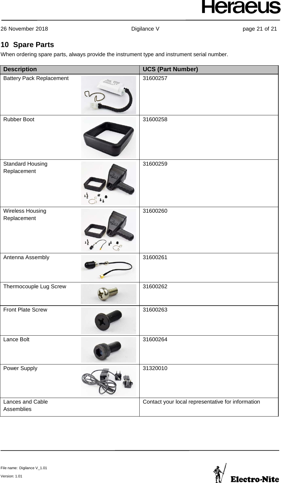     26 November 2018                                                Digilance V                                                page 21 of 21  File name: Digilance V_1.01  Version: 1.01 10 Spare Parts When ordering spare parts, always provide the instrument type and instrument serial number.   Description  UCS (Part Number) Battery Pack Replacement   31600257 Rubber Boot   31600258 Standard Housing Replacement   31600259 Wireless Housing Replacement   31600260 Antenna Assembly   31600261 Thermocouple Lug Screw   31600262 Front Plate Screw   31600263 Lance Bolt   31600264 Power Supply   31320010 Lances and Cable Assemblies  Contact your local representative for information  