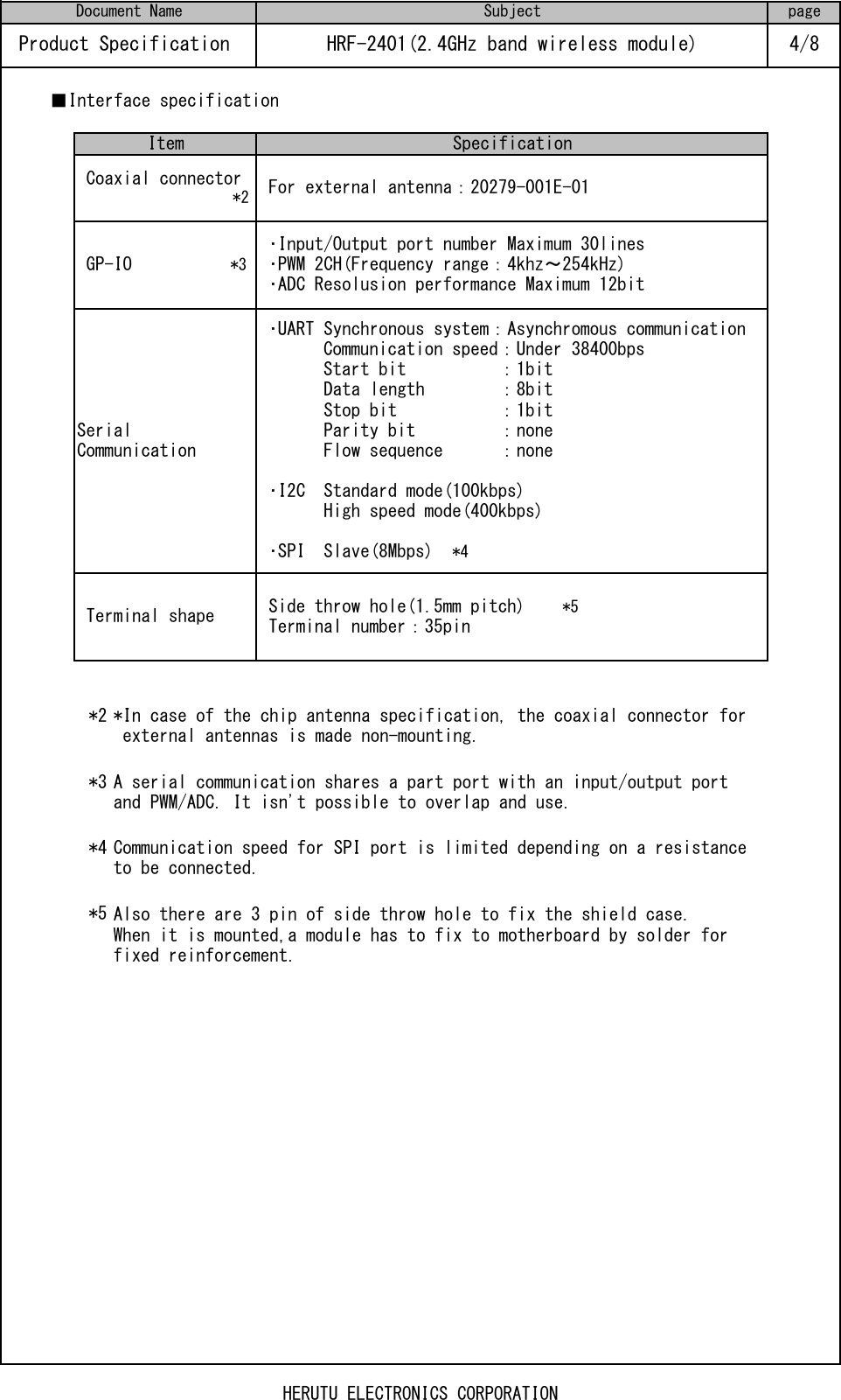  ■Interface specification*2*3*4*5SpecificationItemSerialCommunicationDocument Name Subject*In case of the chip antenna specification, the coaxial connector for external antennas is made non-mounting.Product Specification  4/8 Terminal shape GP-IO            *3 Coaxial connector                   *2 ･Input/Output port number Maximum 30lines ･PWM 2CH(Frequency range：4khz～254kHz) ･ADC Resolusion performance Maximum 12bit For external antenna：20279-001E-01 ･UART Synchronous system：Asynchromous communication　　　 Communication speed：Under 38400bps　　　 Start bit          ：1bit       Data length  　　　：8bit       Stop bit           ：1bit       Parity bit         ：none       Flow sequence  　　：none ･I2C  Standard mode(100kbps)       High speed mode(400kbps) ･SPI  Slave(8Mbps)　*4page Side throw hole(1.5mm pitch)  　*5 Terminal number：35pinA serial communication shares a part port with an input/output portand PWM/ADC. It isn&apos;t possible to overlap and use.Communication speed for SPI port is limited depending on a resistanceto be connected.Also there are 3 pin of side throw hole to fix the shield case.When it is mounted,a module has to fix to motherboard by solder forfixed reinforcement.HRF-2401(2.4GHz band wireless module)HERUTU ELECTRONICS CORPORATION