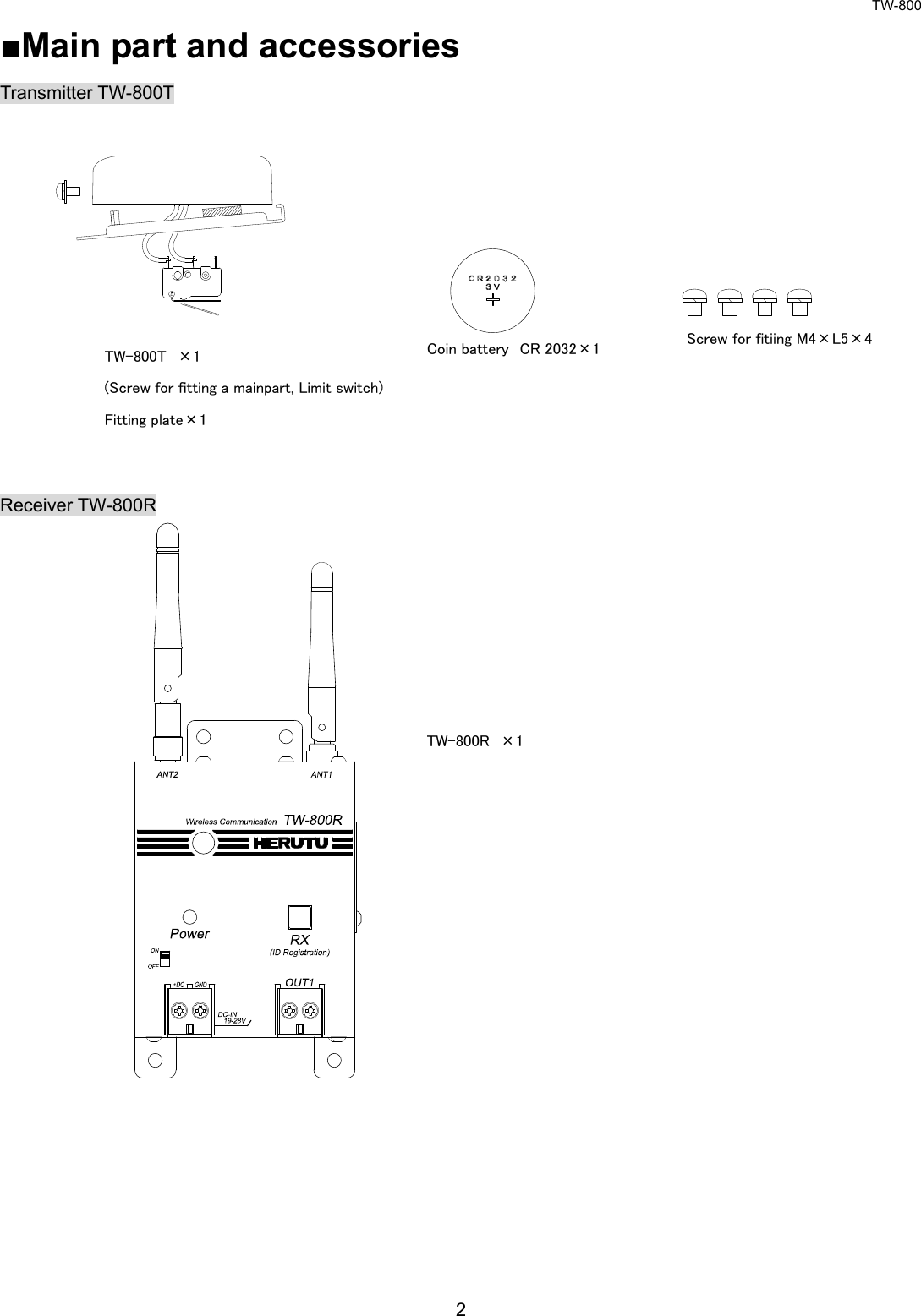 TW-800 2  ■Main part and accessories Transmitter TW-800T             Receiver TW-800R                       Coin battery  CR 2032×1  Screw for fitiing M4×L5×4 TW-800T  ×1 (Screw for fitting a mainpart, Limit switch) Fitting plate×1 TW-800R  ×1 