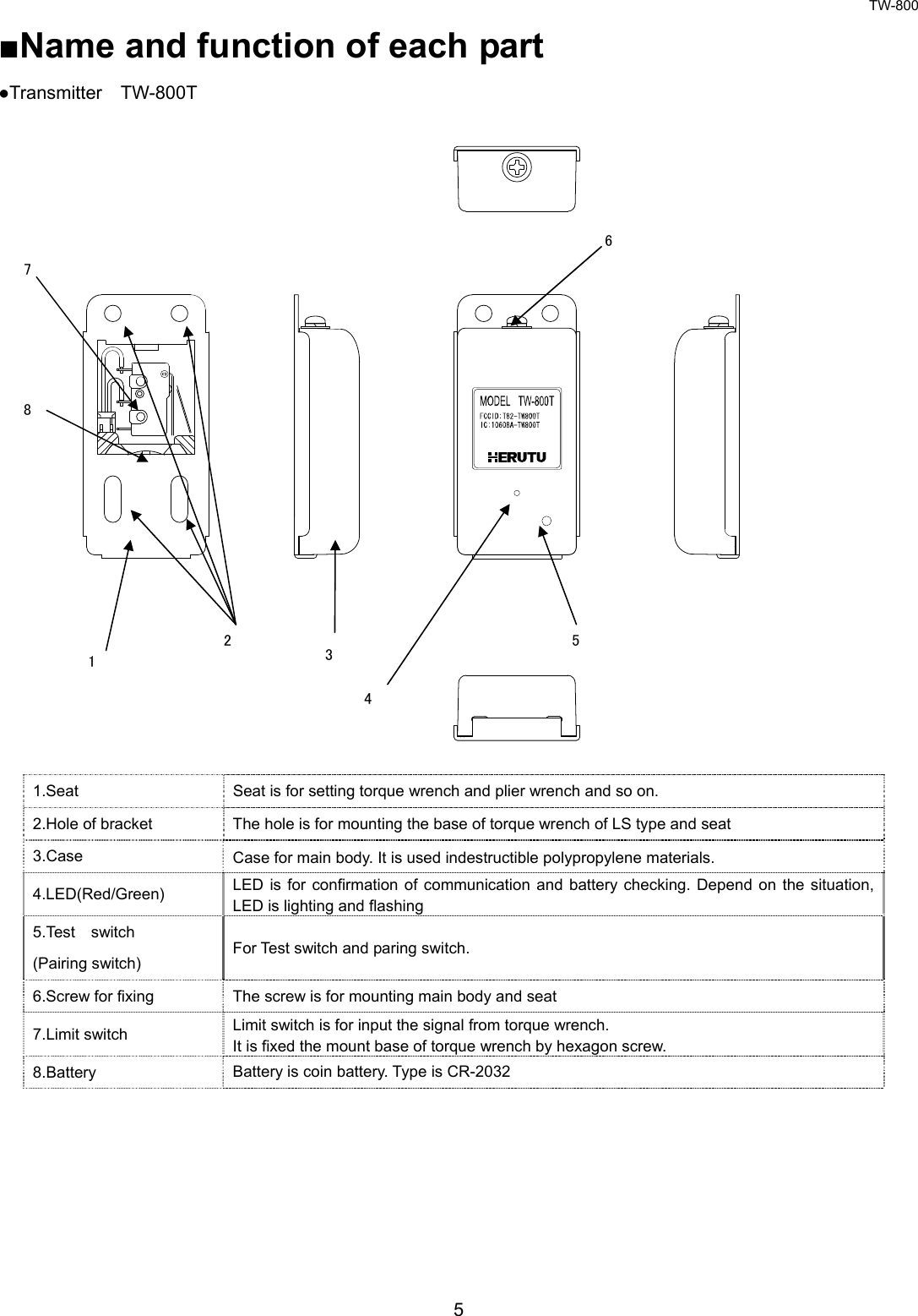 TW-800 5  ■Name and function of each part ●Transmitter  TW-800T                      1.Seat  Seat is for setting torque wrench and plier wrench and so on. 2.Hole of bracket  The hole is for mounting the base of torque wrench of LS type and seat 3.Case  Case for main body. It is used indestructible polypropylene materials. 4.LED(Red/Green)  LED is for confirmation of communication and battery checking. Depend on the situation, LED is lighting and flashing 5.Test  switch (Pairing switch) For Test switch and paring switch. 6.Screw for fixing  The screw is for mounting main body and seat 7.Limit switch  Limit switch is for input the signal from torque wrench. It is fixed the mount base of torque wrench by hexagon screw. 8.Battery  Battery is coin battery. Type is CR-2032       1 7 2  3 4 5 6 8 