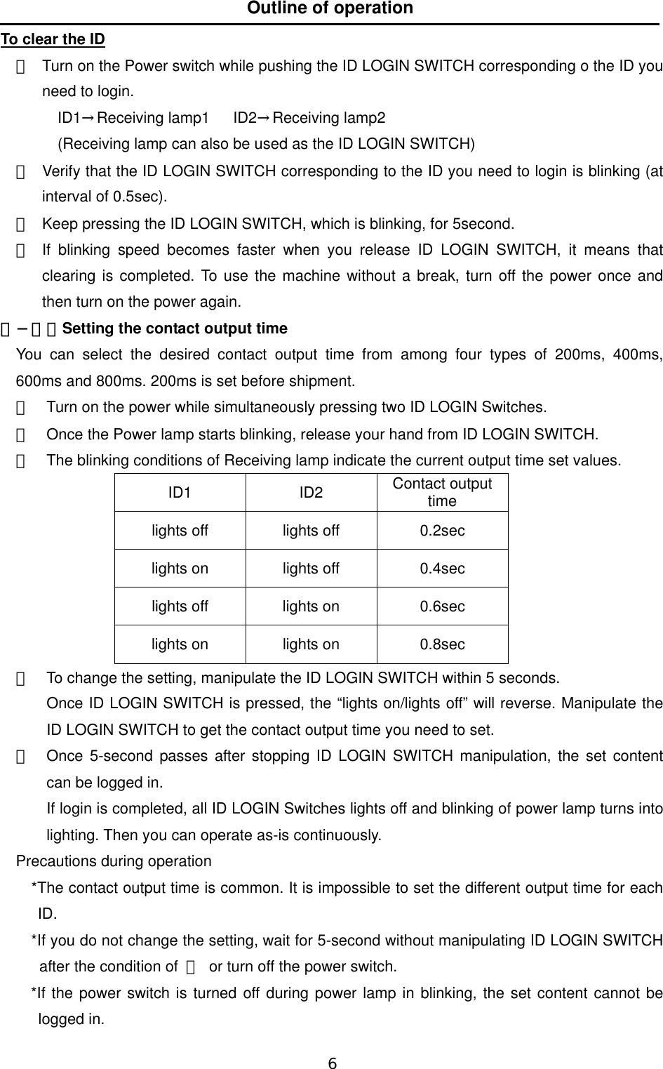   6  Outline of operation To clear the ID ①  Turn on the Power switch while pushing the ID LOGIN SWITCH corresponding o the ID you need to login.   ID1→Receiving lamp1   ID2→Receiving lamp2 (Receiving lamp can also be used as the ID LOGIN SWITCH) ②  Verify that the ID LOGIN SWITCH corresponding to the ID you need to login is blinking (at interval of 0.5sec).   ③  Keep pressing the ID LOGIN SWITCH, which is blinking, for 5second.   ④  If blinking speed becomes faster when you release ID LOGIN SWITCH, it means that clearing is completed. To use the machine without a break, turn off the power once and then turn on the power again.   ４−３．Setting the contact output time  You can select the desired contact output time from among four types of 200ms, 400ms, 600ms and 800ms. 200ms is set before shipment.    ① Turn on the power while simultaneously pressing two ID LOGIN Switches.   ②  Once the Power lamp starts blinking, release your hand from ID LOGIN SWITCH.   ③  The blinking conditions of Receiving lamp indicate the current output time set values.   ID1 ID2 Contact output time lights off  lights off  0.2sec lights on  lights off  0.4sec lights off  lights on  0.6sec lights on  lights on  0.8sec ④  To change the setting, manipulate the ID LOGIN SWITCH within 5 seconds.   Once ID LOGIN SWITCH is pressed, the “lights on/lights off” will reverse. Manipulate the ID LOGIN SWITCH to get the contact output time you need to set.    ⑤ Once 5-second passes after stopping ID LOGIN SWITCH manipulation, the set content can be logged in.      If login is completed, all ID LOGIN Switches lights off and blinking of power lamp turns into lighting. Then you can operate as-is continuously.    Precautions during operation     *The contact output time is common. It is impossible to set the different output time for each ID.    *If you do not change the setting, wait for 5-second without manipulating ID LOGIN SWITCH after the condition of  ③  or turn off the power switch.   *If the power switch is turned off during power lamp in blinking, the set content cannot be logged in.   