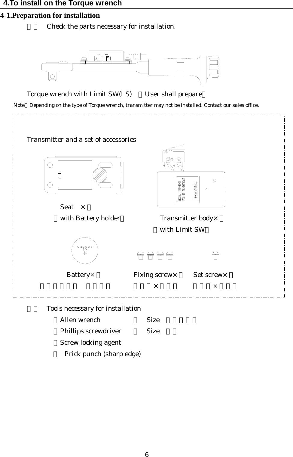   6 4.To install on the Torque wrench 4-1.Preparation for installation  １）  Check the parts necessary for installation.          Torque wrench with Limit SW(LS) （User shall prepare）  Note）Depending on the type of Torque wrench, transmitter may not be installed. Contact our sales office.       Transmitter and a set of accessories         Seat  ×１   （with Battery holder）   Transmitter body×１      （with Limit SW）    Battery×１   Fixing screw×４  Set screw×１ ＣＲ２０３２  （３Ｖ） （Ｍ４×Ｌ５）    （Ｍ３×Ｌ７）   ２）  Tools necessary for installation   ・Allen wrench    ：  Size  １．５ｍｍ   ・Phillips screwdriver    ：  Size  ＃２   ・Screw locking agent ・  Prick punch (sharp edge)         