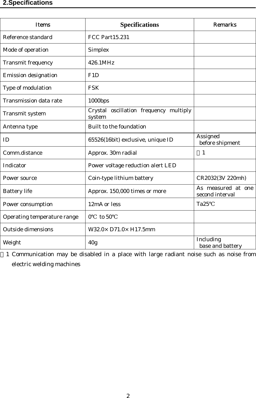   2 2.Specifications  Items  Specifications Remarks Reference standard  FCC Part15.231   Mode of operation  Simplex   Transmit frequency  426.1MHz   Emission designation  F1D   Type of modulation  FSK   Transmission data rate  1000bps   Transmit system  Crystal oscillation frequency multiply system   Antenna type  Built to the foundation   ID  65526(16bit) exclusive, unique ID  Assigned  before shipment Comm.distance  Approx. 30m radial  ※1 Indicator  Power voltage reduction alert LED   Power source  Coin-type lithium battery  CR2032(3V 220mh) Battery life  Approx. 150,000 times or more  As measured at one second interval Power consumption  12mA or less  Ta25℃ Operating temperature range  0℃ to 50℃  Outside dimensions  W32.0×D71.0×H17.5mm   Weight 40g  Including   base and battery ※1 Communication may be disabled in a place with large radiant noise such as noise from electric welding machines            