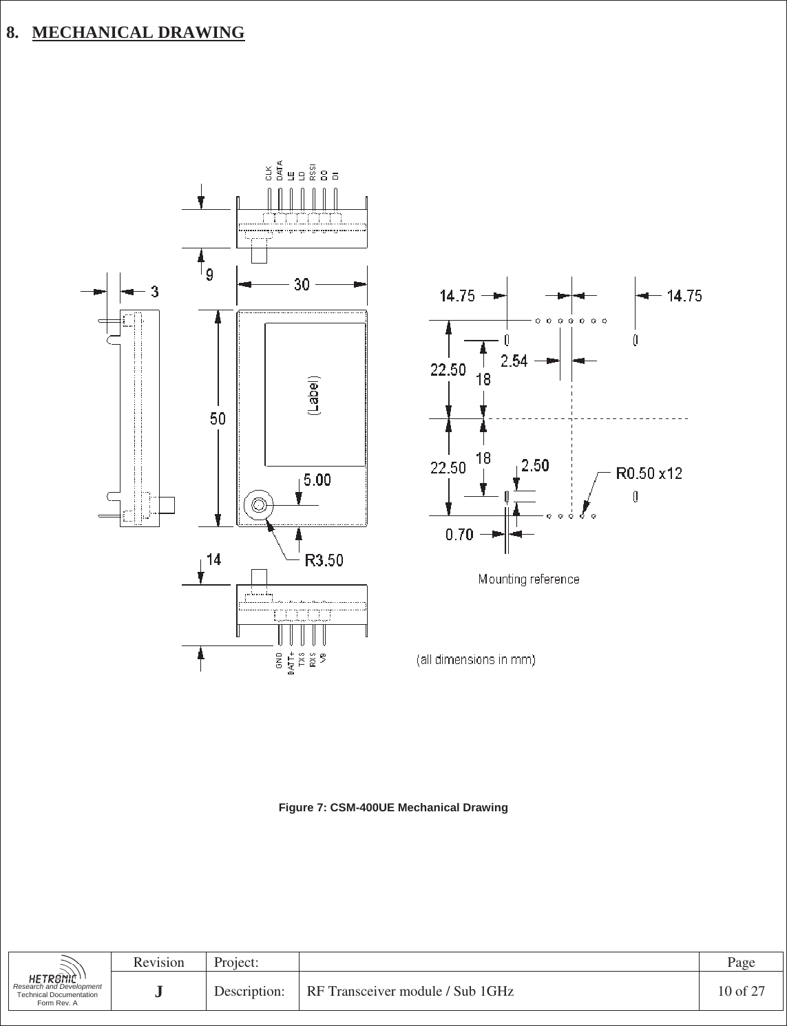   Research and Development Technical Documentation Form Rev. A Revision Project:    Page JDescription:  RF Transceiver module / Sub 1GHz  10 of 27  8. MECHANICAL DRAWING   Figure 7: CSM-400UE Mechanical Drawing       