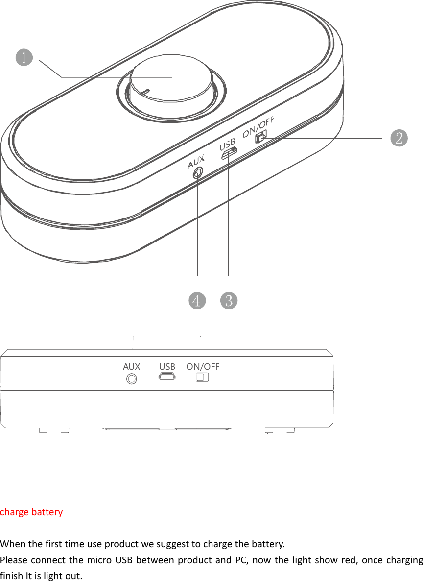 AUX USB ON/OFFchargebatteryWhenthefirsttimeuseproductwesuggesttochargethebattery.PleaseconnectthemicroUSBbetweenproductandPC,nowthelightshowred,oncechargingfinishItislightout.
