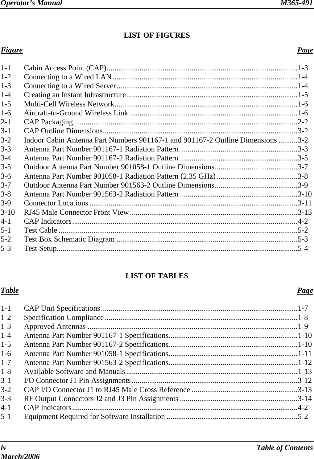 Operator’s Manual  M365-491   iv  Table of Contents March/2006  LIST OF FIGURES  Figure   Page  1-1  Cabin Access Point (CAP)...................................................................................................1-3 1-2  Connecting to a Wired LAN ................................................................................................1-4 1-3  Connecting to a Wired Server..............................................................................................1-4 1-4  Creating an Instant Infrastructure.........................................................................................1-5 1-5 Multi-Cell Wireless Network...............................................................................................1-6 1-6 Aircraft-to-Ground Wireless Link .......................................................................................1-6 2-1 CAP Packaging....................................................................................................................2-2 3-1  CAP Outline Dimensions.....................................................................................................3-2 3-2  Indoor Cabin Antenna Part Numbers 901167-1 and 901167-2 Outline Dimensions ..........3-2 3-3  Antenna Part Number 901167-1 Radiation Pattern .............................................................3-3 3-4  Antenna Part Number 901167-2 Radiation Pattern .............................................................3-5 3-5  Outdoor Antenna Part Number 901058-1 Outline Dimensions...........................................3-7 3-6  Antenna Part Number 901058-1 Radiation Pattern (2.35 GHz)..........................................3-8 3-7  Outdoor Antenna Part Number 901563-2 Outline Dimensions...........................................3-9 3-8  Antenna Part Number 901563-2 Radiation Pattern .............................................................3-10 3-9 Connector Locations ............................................................................................................3-11 3-10  RJ45 Male Connector Front View.......................................................................................3-13 4-1 CAP Indicators.....................................................................................................................4-2 5-1 Test Cable ............................................................................................................................5-2 5-2  Test Box Schematic Diagram ..............................................................................................5-3 5-3 Test Setup.............................................................................................................................5-4   LIST OF TABLES  Table Page  1-1  CAP Unit Specifications......................................................................................................1-7 1-2 Specification Compliance....................................................................................................1-8 1-3 Approved Antennas .............................................................................................................1-9 1-4  Antenna Part Number 901167-1 Specifications...................................................................1-10 1-5  Antenna Part Number 901167-2 Specifications...................................................................1-10 1-6  Antenna Part Number 901058-1 Specifications...................................................................1-11 1-7  Antenna Part Number 901563-2 Specifications...................................................................1-12 1-8 Available Software and Manuals.........................................................................................1-13 3-1  I/O Connector J1 Pin Assignments......................................................................................3-12 3-2  CAP I/O Connector J1 to RJ45 Male Cross Reference .......................................................3-13 3-3  RF Output Connectors J2 and J3 Pin Assignments .............................................................3-14 4-1 CAP Indicators.....................................................................................................................4-2 5-1  Equipment Required for Software Installation ....................................................................5-2 