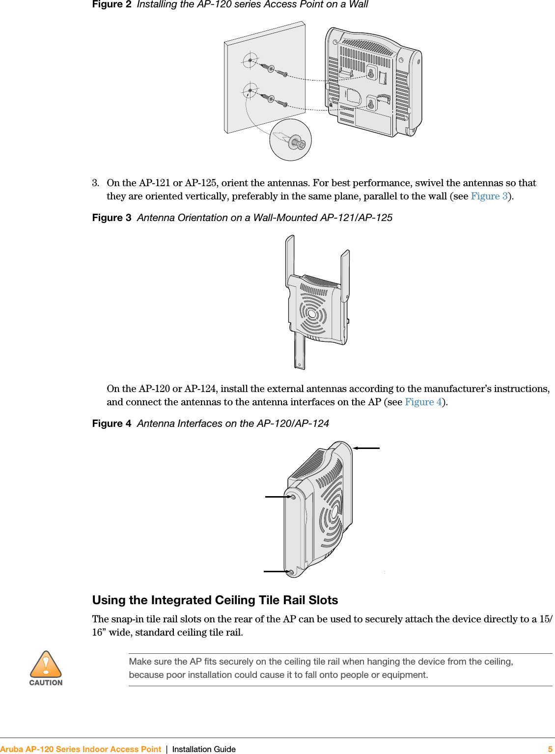 Aruba AP-120 Series Indoor Access Point | Installation Guide 5 Figure 2  Installing the AP-120 series Access Point on a Wall3. On the AP-121 or AP-125, orient the antennas. For best performance, swivel the antennas so that they are oriented vertically, preferably in the same plane, parallel to the wall (see Figure 3).Figure 3  Antenna Orientation on a Wall-Mounted AP-121/AP-125On the AP-120 or AP-124, install the external antennas according to the manufacturer’s instructions, and connect the antennas to the antenna interfaces on the AP (see Figure 4).Figure 4  Antenna Interfaces on the AP-120/AP-124Using the Integrated Ceiling Tile Rail SlotsThe snap-in tile rail slots on the rear of the AP can be used to securely attach the device directly to a 15/16” wide, standard ceiling tile rail.ap!CAUTIONMake sure the AP fits securely on the ceiling tile rail when hanging the device from the ceiling, because poor installation could cause it to fall onto people or equipment.