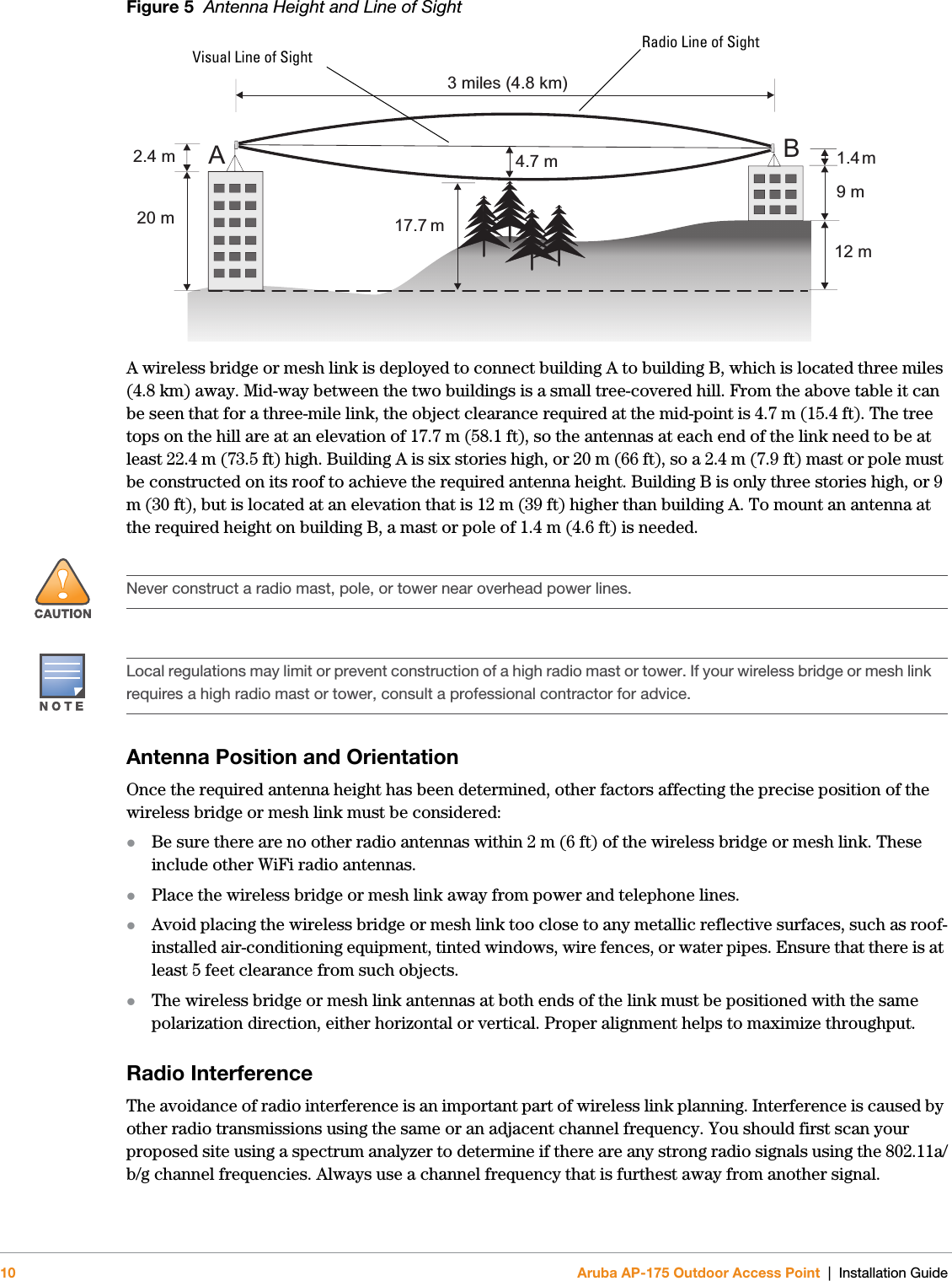 10 Aruba AP-175 Outdoor Access Point | Installation GuideFigure 5  Antenna Height and Line of SightA wireless bridge or mesh link is deployed to connect building A to building B, which is located three miles (4.8 km) away. Mid-way between the two buildings is a small tree-covered hill. From the above table it can be seen that for a three-mile link, the object clearance required at the mid-point is 4.7 m (15.4 ft). The tree tops on the hill are at an elevation of 17.7 m (58.1 ft), so the antennas at each end of the link need to be at least 22.4 m (73.5 ft) high. Building A is six stories high, or 20 m (66 ft), so a 2.4 m (7.9 ft) mast or pole must be constructed on its roof to achieve the required antenna height. Building B is only three stories high, or 9 m (30 ft), but is located at an elevation that is 12 m (39 ft) higher than building A. To mount an antenna at the required height on building B, a mast or pole of 1.4 m (4.6 ft) is needed.Antenna Position and OrientationOnce the required antenna height has been determined, other factors affecting the precise position of the wireless bridge or mesh link must be considered:Be sure there are no other radio antennas within 2 m (6 ft) of the wireless bridge or mesh link. These include other WiFi radio antennas.Place the wireless bridge or mesh link away from power and telephone lines.Avoid placing the wireless bridge or mesh link too close to any metallic reflective surfaces, such as roof-installed air-conditioning equipment, tinted windows, wire fences, or water pipes. Ensure that there is at least 5 feet clearance from such objects.The wireless bridge or mesh link antennas at both ends of the link must be positioned with the same polarization direction, either horizontal or vertical. Proper alignment helps to maximize throughput.Radio InterferenceThe avoidance of radio interference is an important part of wireless link planning. Interference is caused by other radio transmissions using the same or an adjacent channel frequency. You should first scan your proposed site using a spectrum analyzer to determine if there are any strong radio signals using the 802.11a/b/g channel frequencies. Always use a channel frequency that is furthest away from another signal.AB3 miles (4.8 km)4.7 m17.7 m20 m2.4 m12 m9m1.4mRadio Line of SightVisual Line of Sight!Never construct a radio mast, pole, or tower near overhead power lines.Local regulations may limit or prevent construction of a high radio mast or tower. If your wireless bridge or mesh link requires a high radio mast or tower, consult a professional contractor for advice.