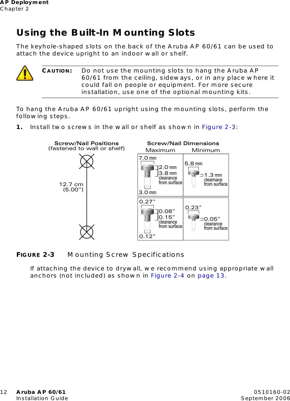 AP DeploymentChapter 212 Aruba AP 60/61 0510160-02Installation Guide September 2006Using the Built-In Mounting SlotsThe keyhole-shaped slots on the back of the Aruba AP 60/61 can be used to attach the device upright to an indoor wall or shelf.To hang the Aruba AP 60/61 upright using the mounting slots, perform the following steps.1. Install two screws in the wall or shelf as shown in Figure 2-3:FIGURE 2-3 Mounting Screw SpecificationsIf attaching the device to drywall, we recommend using appropriate wall anchors (not included) as shown in Figure 2-4 on page 13.CAUTION:Do not use the mounting slots to hang the Aruba AP 60/61 from the ceiling, sideways, or in any place where it could fall on people or equipment. For more secure installation, use one of the optional mounting kits.Screw/Nail Positions(fastened to wall or shelf)12.7 cm(5.00&quot;)0.12&quot;0.27&quot;0.23&quot;0.05&quot;clearance from surface3.0 mm5.8 mm0.08&quot;0.15&quot;clearance from surface2.0 mm3.8 mmclearance from surface1.3 mmclearnace from surface7.0 mmMaximum MinimumScrew/Nail Dimensions
