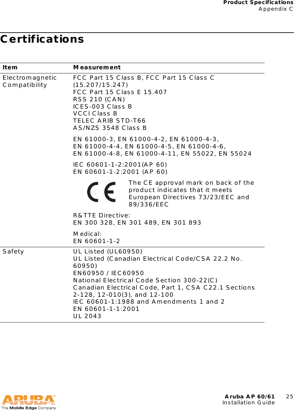 Aruba AP 60/61 25Installation GuideProduct SpecificationsAppendix CCertificationsItem MeasurementElectromagneticCompatibility FCC Part 15 Class B, FCC Part 15 Class C (15.207/15.247)FCC Part 15 Class E 15.407RSS 210 (CAN)ICES-003 Class BVCCI Class BTELEC ARIB STD-T66AS/NZS 3548 Class BEN 61000-3, EN 61000-4-2, EN 61000-4-3, EN 61000-4-4, EN 61000-4-5, EN 61000-4-6, EN 61000-4-8, EN 61000-4-11, EN 55022, EN 55024IEC 60601-1-2:2001(AP 60)EN 60601-1-2:2001 (AP 60)The CE approval mark on back of the product indicates that it meets European Directives 73/23/EEC and 89/336/EECR&amp;TTE Directive:EN 300 328, EN 301 489, EN 301 893Medical:EN 60601-1-2Safety UL Listed (UL60950)UL Listed (Canadian Electrical Code/CSA 22.2 No. 60950)EN60950 / IEC60950National Electrical Code Section 300-22(C)Canadian Electrical Code, Part 1, CSA C22.1 Sections 2-128, 12-010(3), and 12-100IEC 60601-1:1988 and Amendments 1 and 2EN 60601-1-1:2001UL 2043