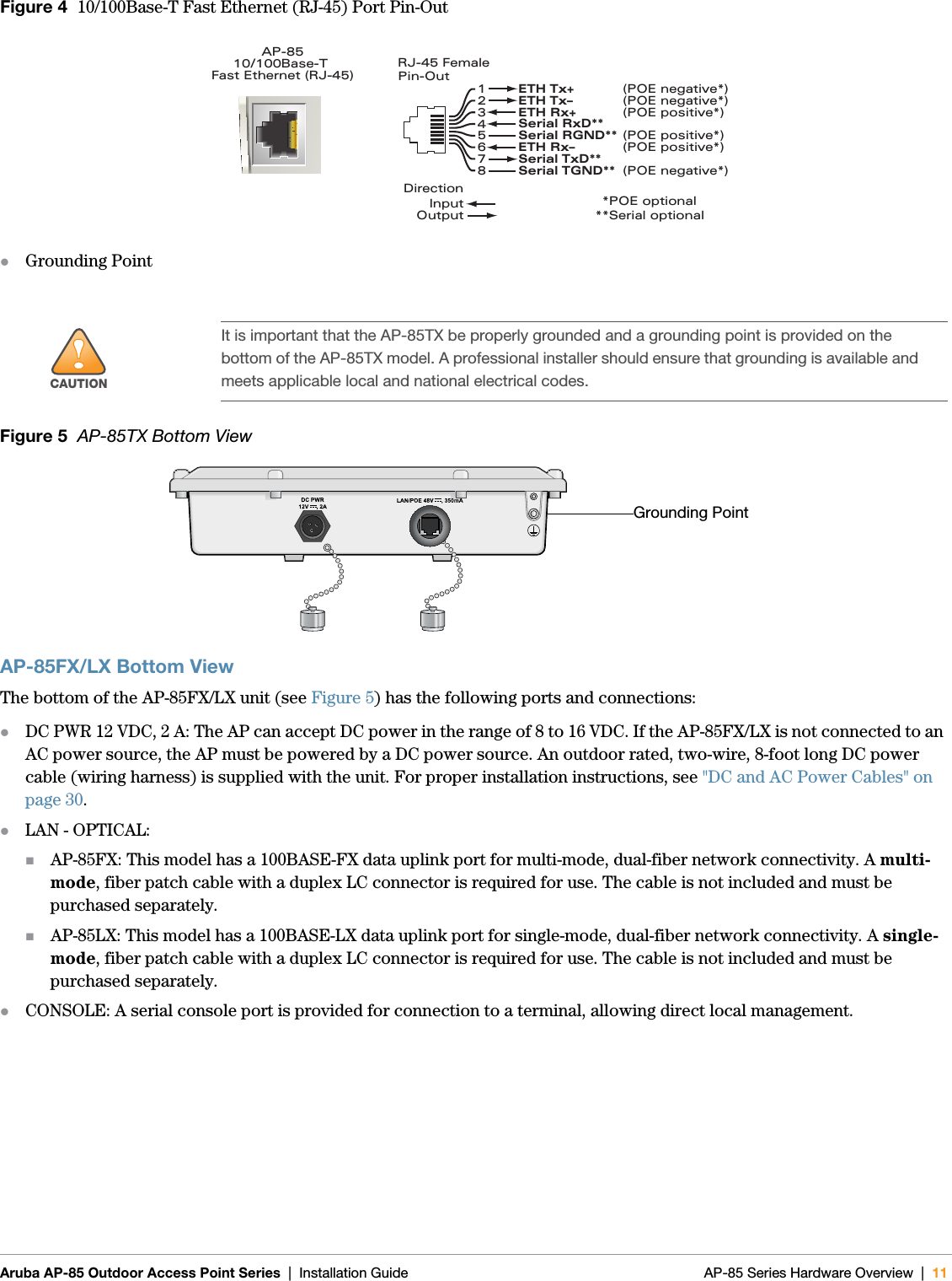  Aruba AP-85 Outdoor Access Point Series | Installation Guide AP-85 Series Hardware Overview | 11Figure 4  10/100Base-T Fast Ethernet (RJ-45) Port Pin-OutzGrounding PointFigure 5  AP-85TX Bottom ViewAP-85FX/LX Bottom ViewThe bottom of the AP-85FX/LX unit (see Figure 5) has the following ports and connections:zDC PWR 12 VDC, 2 A: The AP can accept DC power in the range of 8 to 16 VDC. If the AP-85FX/LX is not connected to an AC power source, the AP must be powered by a DC power source. An outdoor rated, two-wire, 8-foot long DC power cable (wiring harness) is supplied with the unit. For proper installation instructions, see &quot;DC and AC Power Cables&quot; on page30.zLAN - OPTICAL:AP-85FX: This model has a 100BASE-FX data uplink port for multi-mode, dual-fiber network connectivity. A multi-mode, fiber patch cable with a duplex LC connector is required for use. The cable is not included and must be purchased separately.AP-85LX: This model has a 100BASE-LX data uplink port for single-mode, dual-fiber network connectivity. A single-mode, fiber patch cable with a duplex LC connector is required for use. The cable is not included and must be purchased separately.zCONSOLE: A serial console port is provided for connection to a terminal, allowing direct local management.!CAUTIONIt is important that the AP-85TX be properly grounded and a grounding point is provided on the bottom of the AP-85TX model. A professional installer should ensure that grounding is available and meets applicable local and national electrical codes.AP-8510/100Base-T Fast Ethernet (RJ-45)RJ-45 FemalePin-Out*POE optional**Serial optionalSerial RxD**Serial RGND** (POE positive*) Serial TxD**Serial TGND** (POE negative*)12345678ETH Tx+ (POE negative*)ETH Tx– (POE negative*)ETH Rx+ (POE positive*)ETH Rx– (POE positive*)DirectionInputOutputGrounding Point