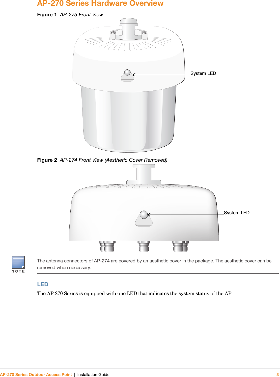 AP-270 Series Outdoor Access Point | Installation Guide 3AP-270 Series Hardware OverviewFigure 1  AP-275 Front ViewFigure 2  AP-274 Front View (Aesthetic Cover Removed)LED The AP-270 Series is equipped with one LED that indicates the system status of the AP.System LEDSystem LEDThe antenna connectors of AP-274 are covered by an aesthetic cover in the package. The aesthetic cover can be removed when necessary.