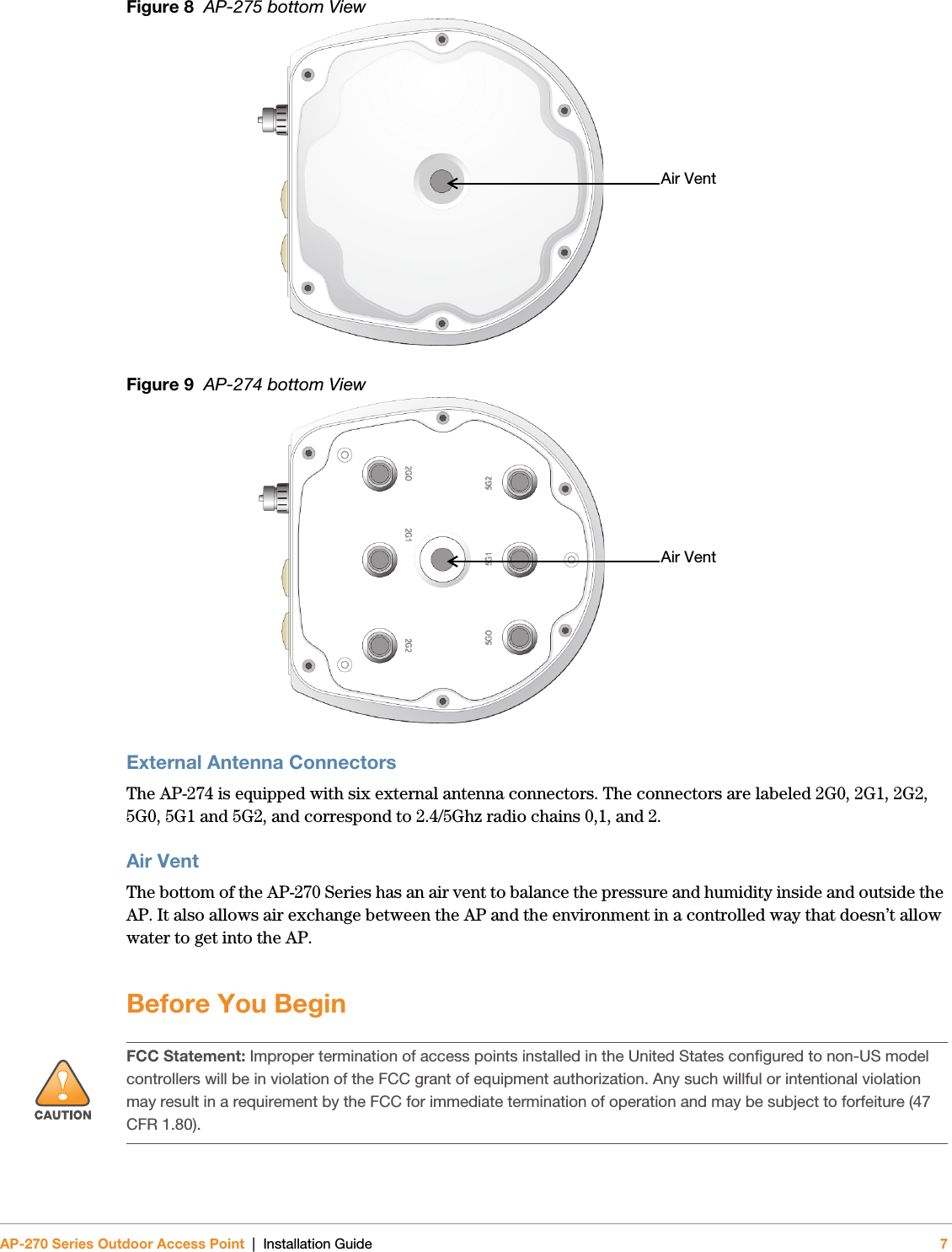 AP-270 Series Outdoor Access Point | Installation Guide 7Figure 8  AP-275 bottom ViewFigure 9  AP-274 bottom ViewExternal Antenna ConnectorsThe AP-274 is equipped with six external antenna connectors. The connectors are labeled 2G0, 2G1, 2G2, 5G0, 5G1 and 5G2, and correspond to 2.4/5Ghz radio chains 0,1, and 2.Air VentThe bottom of the AP-270 Series has an air vent to balance the pressure and humidity inside and outside the AP. It also allows air exchange between the AP and the environment in a controlled way that doesn’t allow water to get into the AP.Before You BeginAir VentAir Vent!FCC Statement: Improper termination of access points installed in the United States configured to non-US model controllers will be in violation of the FCC grant of equipment authorization. Any such willful or intentional violation may result in a requirement by the FCC for immediate termination of operation and may be subject to forfeiture (47 CFR 1.80).