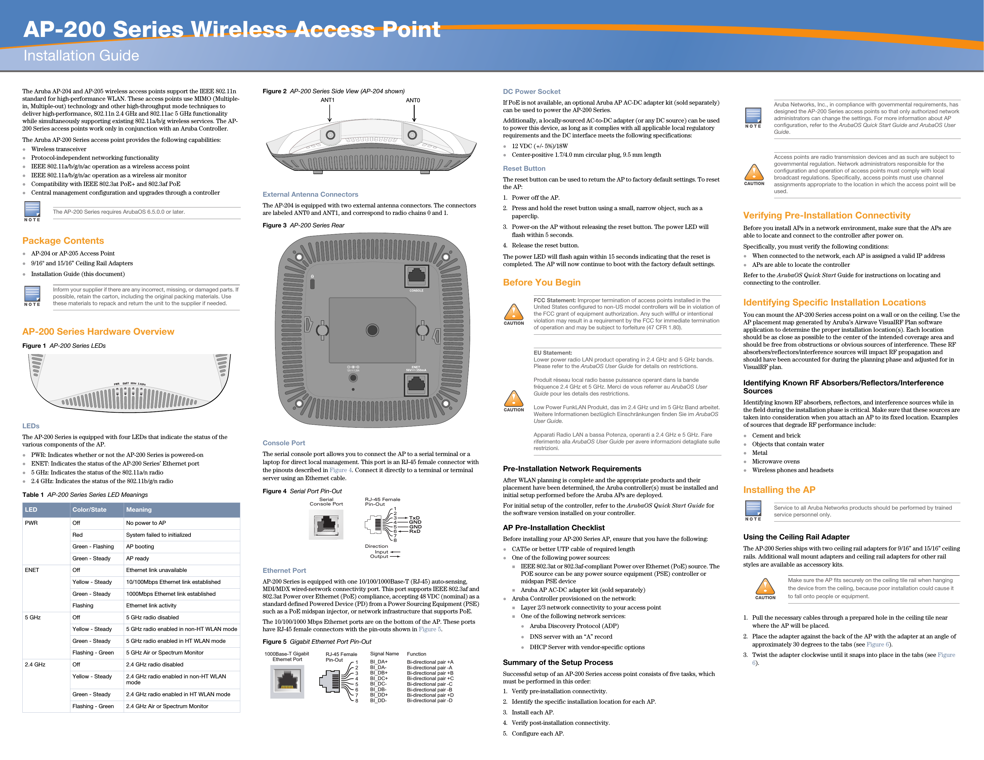   AP-200 Series Wireless Access PointInstallation GuideThe Aruba AP-204 and AP-205 wireless access points support the IEEE 802.11n standard for high-performance WLAN. These access points use MIMO (Multiple-in, Multiple-out) technology and other high-throughput mode techniques to deliver high-performance, 802.11n 2.4 GHz and 802.11ac 5 GHz functionality while simultaneously supporting existing 802.11a/b/g wireless services. The AP-200 Series access points work only in conjunction with an Aruba Controller.The Aruba AP-200 Series access point provides the following capabilities:Wireless transceiverProtocol-independent networking functionalityIEEE 802.11a/b/g/n/ac operation as a wireless access pointIEEE 802.11a/b/g/n/ac operation as a wireless air monitorCompatibility with IEEE 802.3at PoE+ and 802.3af PoE Central management configuration and upgrades through a controllerPackage ContentsAP-204 or AP-205 Access Point 9/16&quot; and 15/16” Ceiling Rail AdaptersInstallation Guide (this document)AP-200 Series Hardware OverviewFigure 1  AP-200 Series LEDsLEDsThe AP-200 Series is equipped with four LEDs that indicate the status of the various components of the AP.PWR: Indicates whether or not the AP-200 Series is powered-onENET: Indicates the status of the AP-200 Series’ Ethernet port5 GHz: Indicates the status of the 802.11a/n radio2.4 GHz: Indicates the status of the 802.11b/g/n radioFigure 2  AP-200 Series Side View (AP-204 shown) External Antenna ConnectorsThe AP-204 is equipped with two external antenna connectors. The connectors are labeled ANT0 and ANT1, and correspond to radio chains 0 and 1. Figure 3  AP-200 Series RearConsole PortThe serial console port allows you to connect the AP to a serial terminal or a laptop for direct local management. This port is an RJ-45 female connector with the pinouts described in Figure 4. Connect it directly to a terminal or terminal server using an Ethernet cable.Figure 4  Serial Port Pin-OutEthernet PortAP-200 Series is equipped with one 10/100/1000Base-T (RJ-45) auto-sensing, MDI/MDX wired-network connectivity port. This port supports IEEE 802.3af and 802.3at Power over Ethernet (PoE) compliance, accepting 48 VDC (nominal) as a standard defined Powered Device (PD) from a Power Sourcing Equipment (PSE) such as a PoE midspan injector, or network infrastructure that supports PoE.The 10/100/1000 Mbps Ethernet ports are on the bottom of the AP. These ports have RJ-45 female connectors with the pin-outs shown in Figure 5.Figure 5  Gigabit Ethernet Port Pin-OutDC Power SocketIf PoE is not available, an optional Aruba AP AC-DC adapter kit (sold separately) can be used to power the AP-200 Series. Additionally, a locally-sourced AC-to-DC adapter (or any DC source) can be used to power this device, as long as it complies with all applicable local regulatory requirements and the DC interface meets the following specifications:12 VDC (+/- 5%)/18WCenter-positive 1.7/4.0 mm circular plug, 9.5 mm lengthReset ButtonThe reset button can be used to return the AP to factory default settings. To reset the AP:1. Power off the AP.2. Press and hold the reset button using a small, narrow object, such as a paperclip.3. Power-on the AP without releasing the reset button. The power LED will flash within 5 seconds.4. Release the reset button.The power LED will flash again within 15 seconds indicating that the reset is completed. The AP will now continue to boot with the factory default settings.Before You BeginPre-Installation Network RequirementsAfter WLAN planning is complete and the appropriate products and their placement have been determined, the Aruba controller(s) must be installed and initial setup performed before the Aruba APs are deployed.For initial setup of the controller, refer to the ArubaOS Quick Start Guide for the software version installed on your controller.AP Pre-Installation ChecklistBefore installing your AP-200 Series AP, ensure that you have the following:CAT5e or better UTP cable of required lengthOne of the following power sources:IEEE 802.3at or 802.3af-compliant Power over Ethernet (PoE) source. The POE source can be any power source equipment (PSE) controller or midspan PSE deviceAruba AP AC-DC adapter kit (sold separately)Aruba Controller provisioned on the network:Layer 2/3 network connectivity to your access pointOne of the following network services:Aruba Discovery Protocol (ADP)DNS server with an “A” recordDHCP Server with vendor-specific optionsSummary of the Setup ProcessSuccessful setup of an AP-200 Series access point consists of five tasks, which must be performed in this order:1. Verify pre-installation connectivity.2. Identify the specific installation location for each AP.3. Install each AP.4. Verify post-installation connectivity.5. Configure each AP.Verifying Pre-Installation ConnectivityBefore you install APs in a network environment, make sure that the APs are able to locate and connect to the controller after power on.Specifically, you must verify the following conditions:When connected to the network, each AP is assigned a valid IP addressAPs are able to locate the controller Refer to the ArubaOS Quick Start Guide for instructions on locating and connecting to the controller.Identifying Specific Installation LocationsYou can mount the AP-200 Series access point on a wall or on the ceiling. Use the AP placement map generated by Aruba’s Airwave VisualRF Plan software application to determine the proper installation location(s). Each location should be as close as possible to the center of the intended coverage area and should be free from obstructions or obvious sources of interference. These RF absorbers/reflectors/interference sources will impact RF propagation and should have been accounted for during the planning phase and adjusted for in VisualRF plan.Identifying Known RF Absorbers/Reflectors/Interference SourcesIdentifying known RF absorbers, reflectors, and interference sources while in the field during the installation phase is critical. Make sure that these sources are taken into consideration when you attach an AP to its fixed location. Examples of sources that degrade RF performance include:Cement and brickObjects that contain waterMetalMicrowave ovensWireless phones and headsetsInstalling the APUsing the Ceiling Rail AdapterThe AP-200 Series ships with two ceiling rail adapters for 9/16” and 15/16” ceiling rails. Additional wall mount adapters and ceiling rail adapters for other rail styles are available as accessory kits.1. Pull the necessary cables through a prepared hole in the ceiling tile near where the AP will be placed.2. Place the adapter against the back of the AP with the adapter at an angle of approximately 30 degrees to the tabs (see Figure 6).3. Twist the adapter clockwise until it snaps into place in the tabs (see Figure 6).The AP-200 Series requires ArubaOS 6.5.0.0 or later.Inform your supplier if there are any incorrect, missing, or damaged parts. If possible, retain the carton, including the original packing materials. Use these materials to repack and return the unit to the supplier if needed.Table 1  AP-200 Series Series LED MeaningsLED Color/State MeaningPWR Off No power to APRed System failed to initializedGreen - Flashing AP bootingGreen - Steady AP readyENET Off Ethernet link unavailableYellow - Steady 10/100Mbps Ethernet link establishedGreen - Steady 1000Mbps Ethernet link establishedFlashing Ethernet link activity5 GHz Off 5 GHz radio disabledYellow - Steady 5 GHz radio enabled in non-HT WLAN modeGreen - Steady 5 GHz radio enabled in HT WLAN modeFlashing - Green  5 GHz Air or Spectrum Monitor2.4 GHz Off 2.4 GHz radio disabledYellow - Steady 2.4 GHz radio enabled in non-HT WLAN modeGreen - Steady 2.4 GHz radio enabled in HT WLAN modeFlashing - Green  2.4 GHz Air or Spectrum Monitor2.4Ghz5GhzENETPWRANT0ANT1SerialConsole Port12345678TxDGNDRxDRJ-45 FemalePin-OutDirectionInputOutputGND1000Base-T Gigabit Ethernet PortRJ-45 FemalePin-OutSignal Name12345678BI_DC+BI_DC-BI_DD+BI_DD-BI_DA+BI_DA-BI_DB+BI_DB-FunctionBi-directional pair +CBi-directional pair -CBi-directional pair +DBi-directional pair -DBi-directional pair +ABi-directional pair -ABi-directional pair +BBi-directional pair -B     !FCC Statement: Improper termination of access points installed in the United States configured to non-US model controllers will be in violation of the FCC grant of equipment authorization. Any such willful or intentional violation may result in a requirement by the FCC for immediate termination of operation and may be subject to forfeiture (47 CFR 1.80).!EU Statement: Lower power radio LAN product operating in 2.4 GHz and 5 GHz bands. Please refer to the ArubaOS User Guide for details on restrictions.Produit réseau local radio basse puissance operant dans la bande fréquence 2.4 GHz et 5 GHz. Merci de vous referrer au ArubaOS User Guide pour les details des restrictions.Low Power FunkLAN Produkt, das im 2.4 GHz und im 5 GHz Band arbeitet. Weitere Informationen bezlüglich Einschränkungen finden Sie im ArubaOS User Guide.Apparati Radio LAN a bassa Potenza, operanti a 2.4 GHz e 5 GHz. Fare riferimento alla ArubaOS User Guide per avere informazioni detagliate sulle restrizioni.Aruba Networks, Inc., in compliance with governmental requirements, has designed the AP-200 Series access points so that only authorized network administrators can change the settings. For more information about AP configuration, refer to the ArubaOS Quick Start Guide and ArubaOS User Guide.!Access points are radio transmission devices and as such are subject to governmental regulation. Network administrators responsible for the configuration and operation of access points must comply with local broadcast regulations. Specifically, access points must use channel assignments appropriate to the location in which the access point will be used.Service to all Aruba Networks products should be performed by trained service personnel only.!Make sure the AP fits securely on the ceiling tile rail when hanging the device from the ceiling, because poor installation could cause it to fall onto people or equipment.