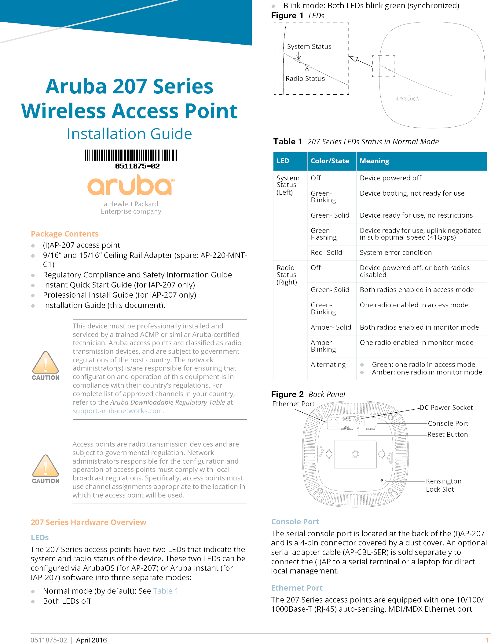 Aruba 207 Series Wireless Access PointInstallation Guide0511875-02 | April 2016 1a Hewlett PackardEnterprise companyPackage Contents(I)AP-207 access point9/16” and 15/16” Ceiling Rail Adapter (spare: AP-220-MNT-C1)Regulatory Compliance and Safety Information GuideInstant Quick Start Guide (for IAP-207 only)Professional Install Guide (for IAP-207 only)Installation Guide (this document).207 Series Hardware OverviewLEDsThe 207 Series access points have two LEDs that indicate the system and radio status of the device. These two LEDs can be configured via ArubaOS (for AP-207) or Aruba Instant (for IAP-207) software into three separate modes:Normal mode (by default): See Table 1Both LEDs offThis device must be professionally installed and serviced by a trained ACMP or similar Aruba-certified technician. Aruba access points are classified as radio transmission devices, and are subject to government regulations of the host country. The network administrator(s) is/are responsible for ensuring that configuration and operation of this equipment is in compliance with their country’s regulations. For complete list of approved channels in your country, refer to the Aruba Downloadable Regulatory Table at support.arubanetworks.com.Access points are radio transmission devices and are subject to governmental regulation. Network administrators responsible for the configuration and operation of access points must comply with local broadcast regulations. Specifically, access points must use channel assignments appropriate to the location in which the access point will be used.Blink mode: Both LEDs blink green (synchronized)Figure 1  LEDsFigure 2  Back PanelConsole PortThe serial console port is located at the back of the (I)AP-207 and is a 4-pin connector covered by a dust cover. An optional serial adapter cable (AP-CBL-SER) is sold separately to connect the (I)AP to a serial terminal or a laptop for direct local management. Ethernet PortThe 207 Series access points are equipped with one 10/100/1000Base-T (RJ-45) auto-sensing, MDI/MDX Ethernet port Table 1  207 Series LEDs Status in Normal ModeLED Color/State MeaningSystem Status(Left)Off Device powered offGreen- Blinking Device booting, not ready for useGreen- Solid Device ready for use, no restrictionsGreen- Flashing Device ready for use, uplink negotiated in sub optimal speed (&lt;1Gbps)Red- Solid System error conditionRadio Status(Right)Off Device powered off, or both radios disabledGreen- Solid Both radios enabled in access modeGreen- Blinking One radio enabled in access modeAmber- Solid Both radios enabled in monitor modeAmber- Blinking One radio enabled in monitor modeAlternating Green: one radio in access modeAmber: one radio in monitor modeSystem StatusRadio StatusCONSOLEENET12V 1A350mA56VConsole PortEthernet Port DC Power SocketReset ButtonKensington Lock Slot